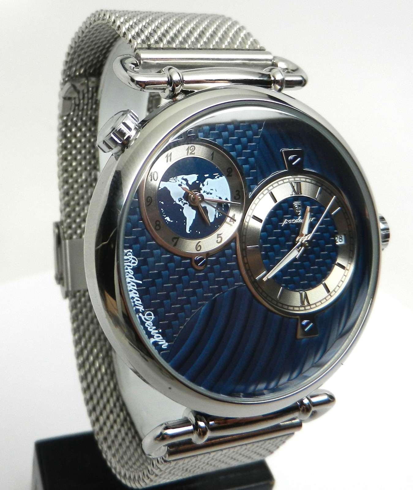 Men’s Dual Time 44mm Textured Blue Date Dial Stainless Steel Mesh Strap Watch