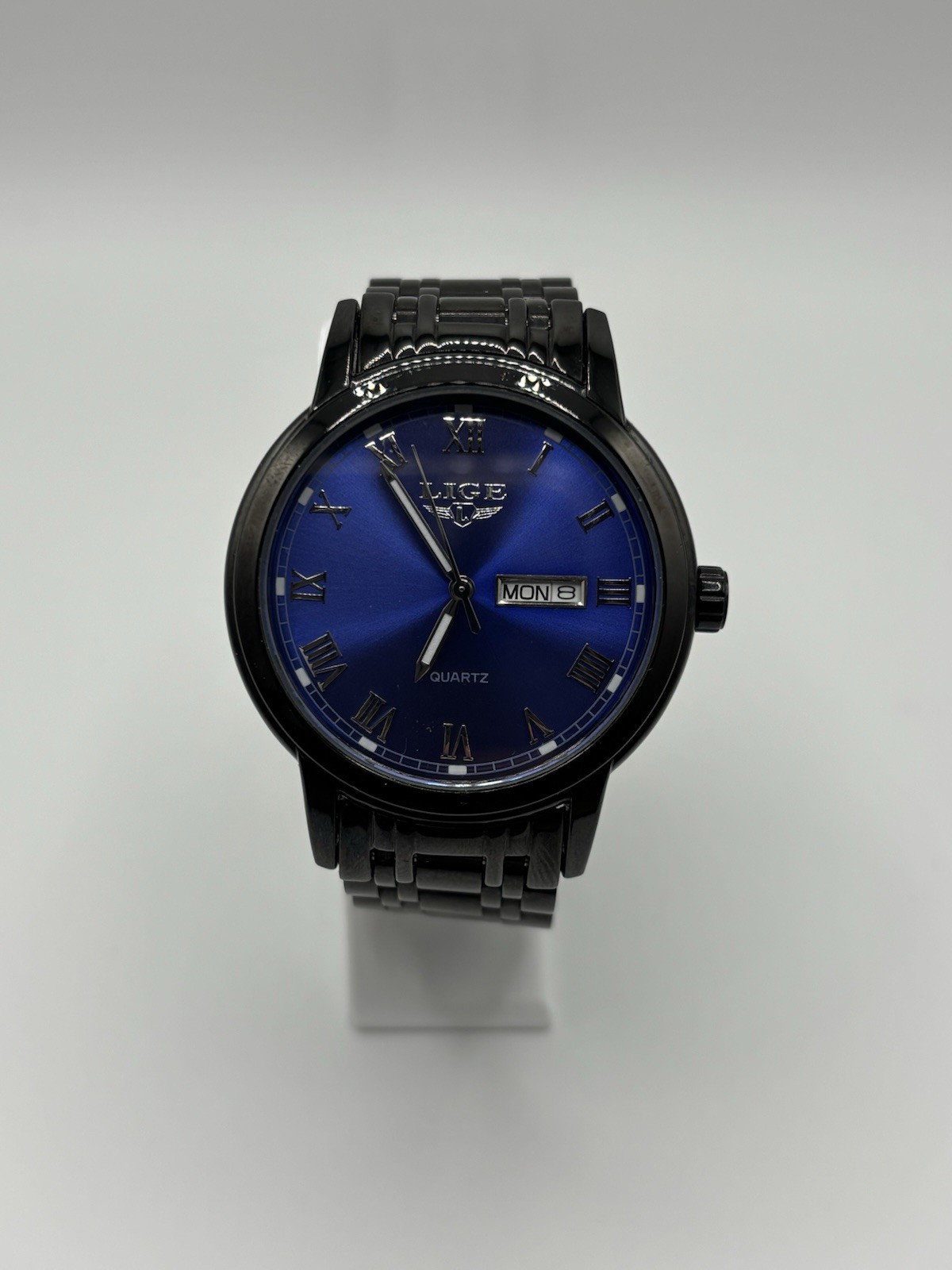 Lige Dream 1853 Men’s Watch Day/Date Fancy Blue Dial Black Band New Battery