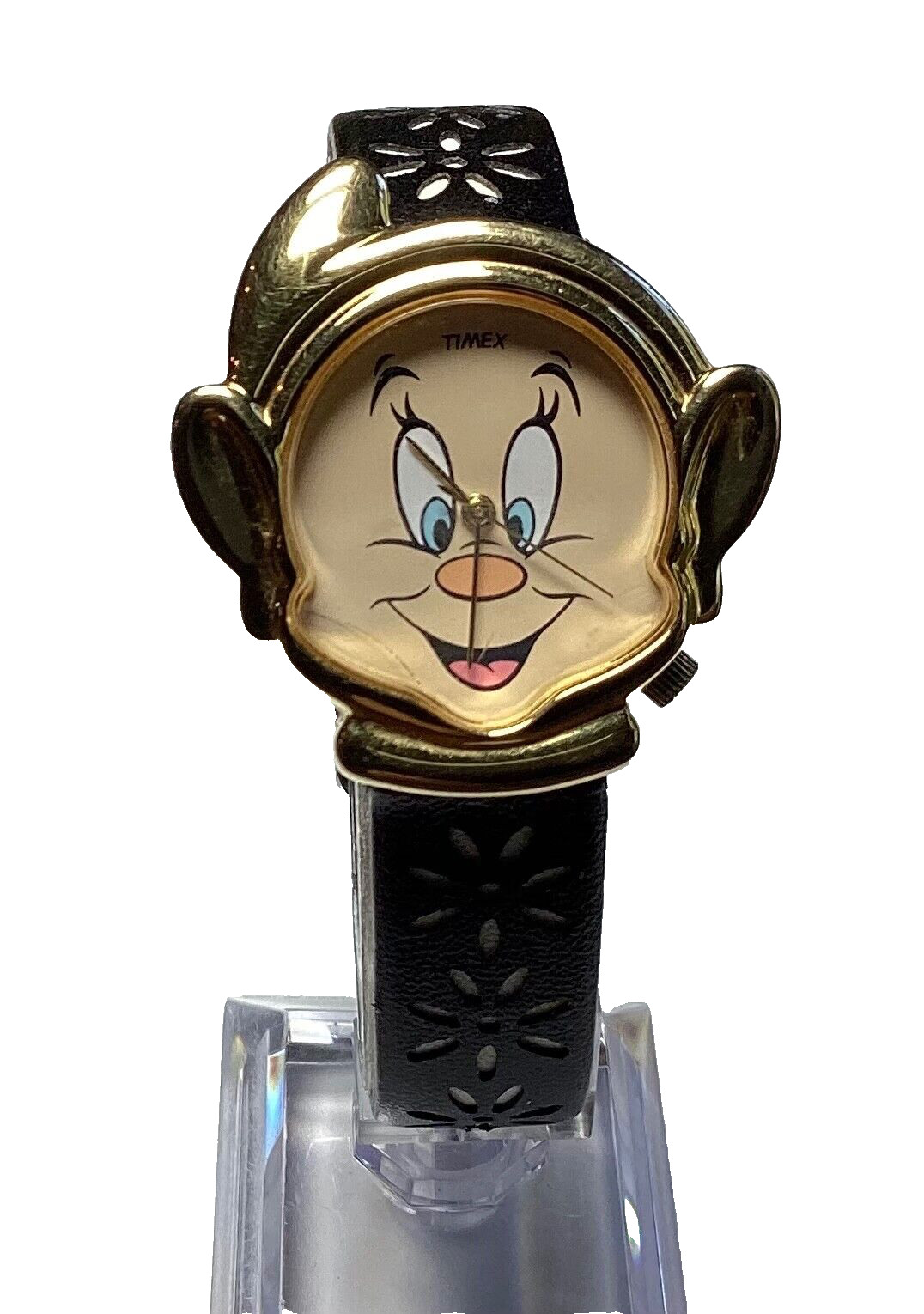 Timex Disney Dopey Head Watch Black White Flower Cut-Out Band New Battery