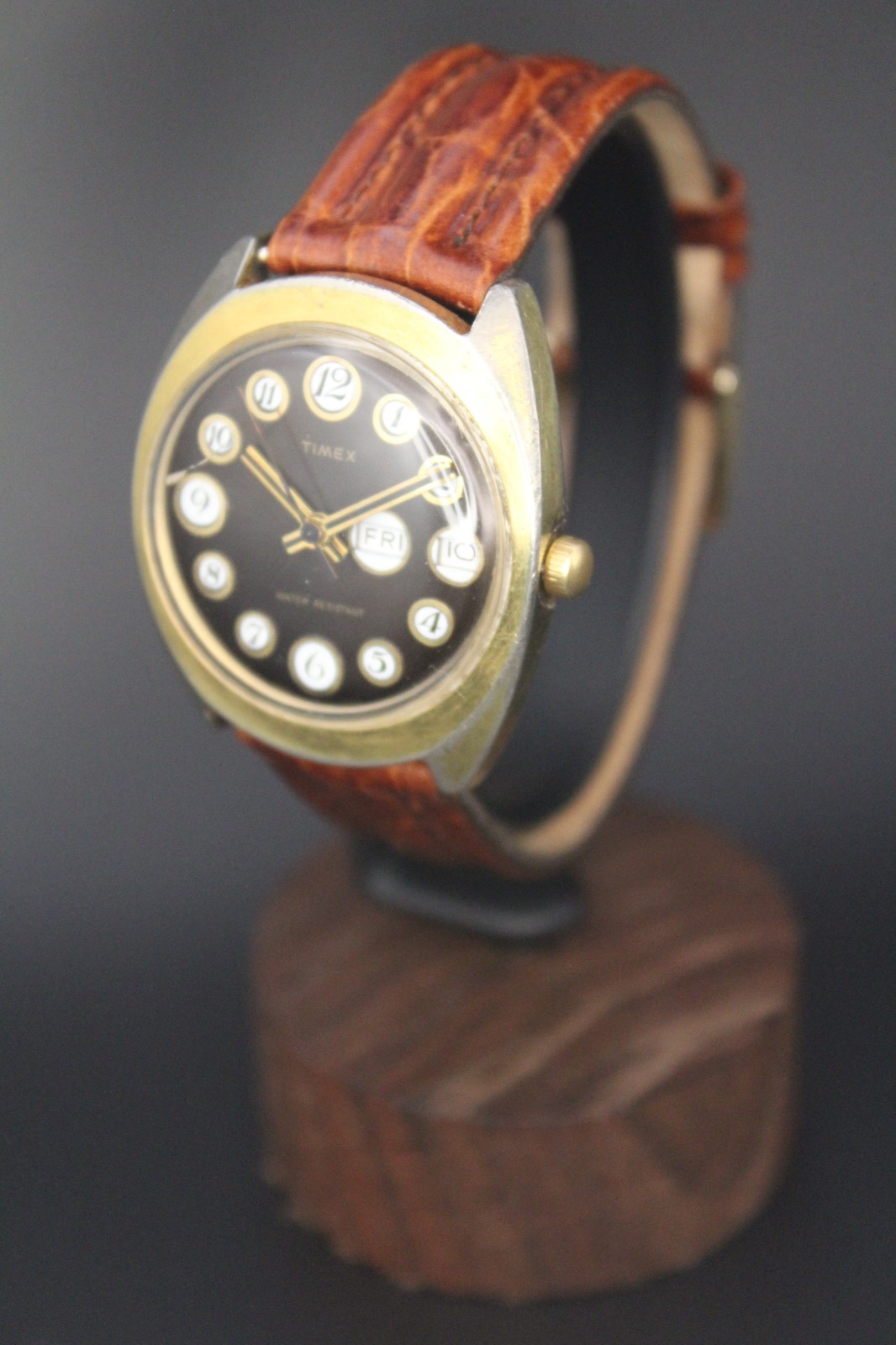 Vintage Timex Manual Wind Day-Date “Telephone Dial” Brown Dial Watch