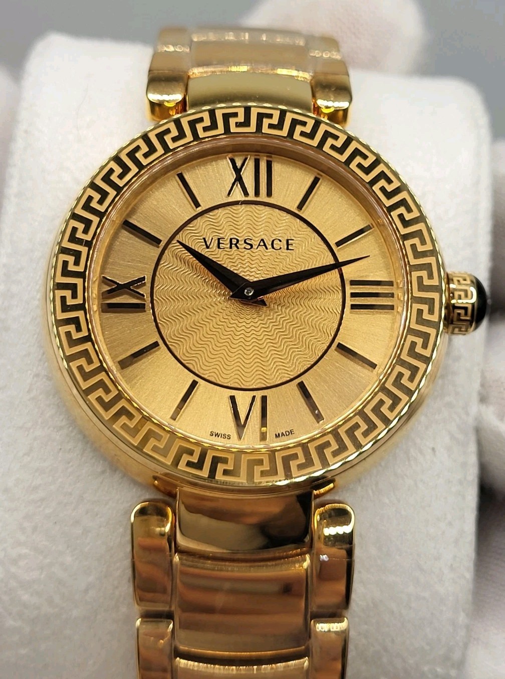 SWISS [NEW] 38mm Versace Leda Women’s Gold Guiloche Dial Roman Watch Box & Paper