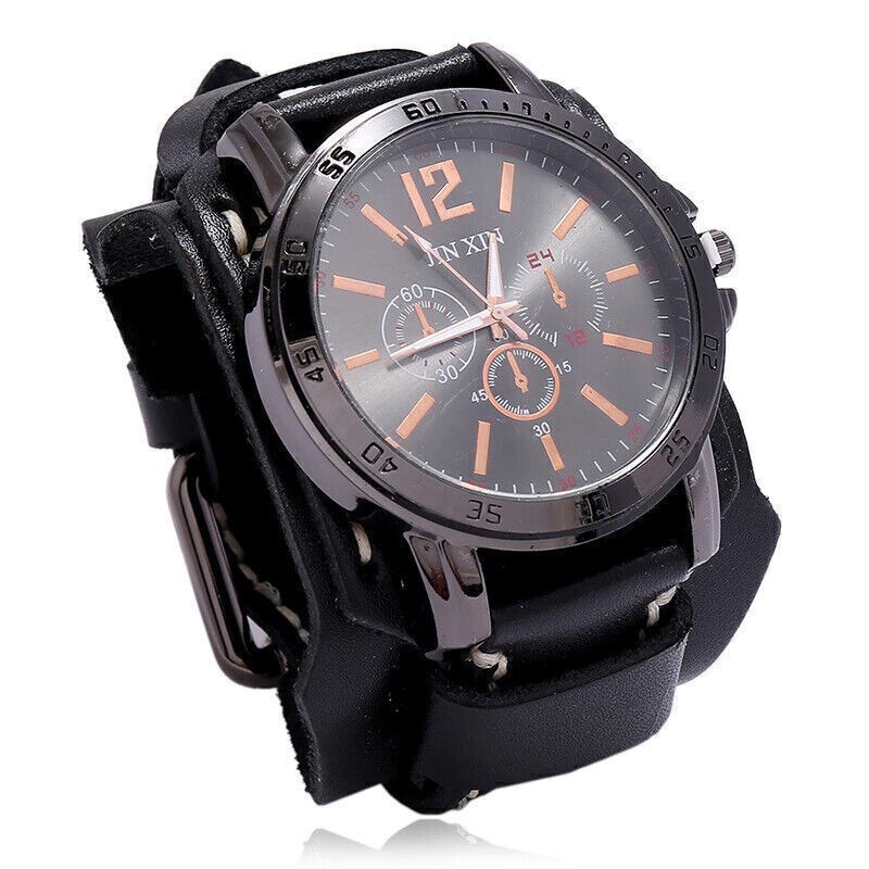 1Pcs Wide Leather Watch Cuff Band Brown Wrist Black Strap Punk Retro Quartz Mens