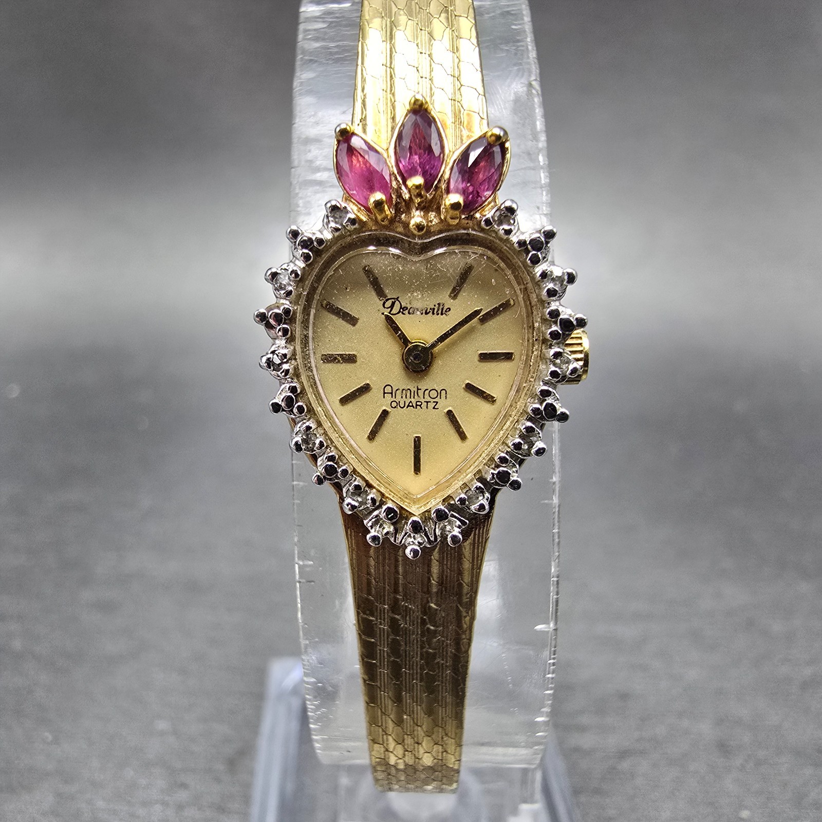 Armitron Deauville Diamond Watch Women 14mm Gold Dial Gold Ruby Heart New Batt