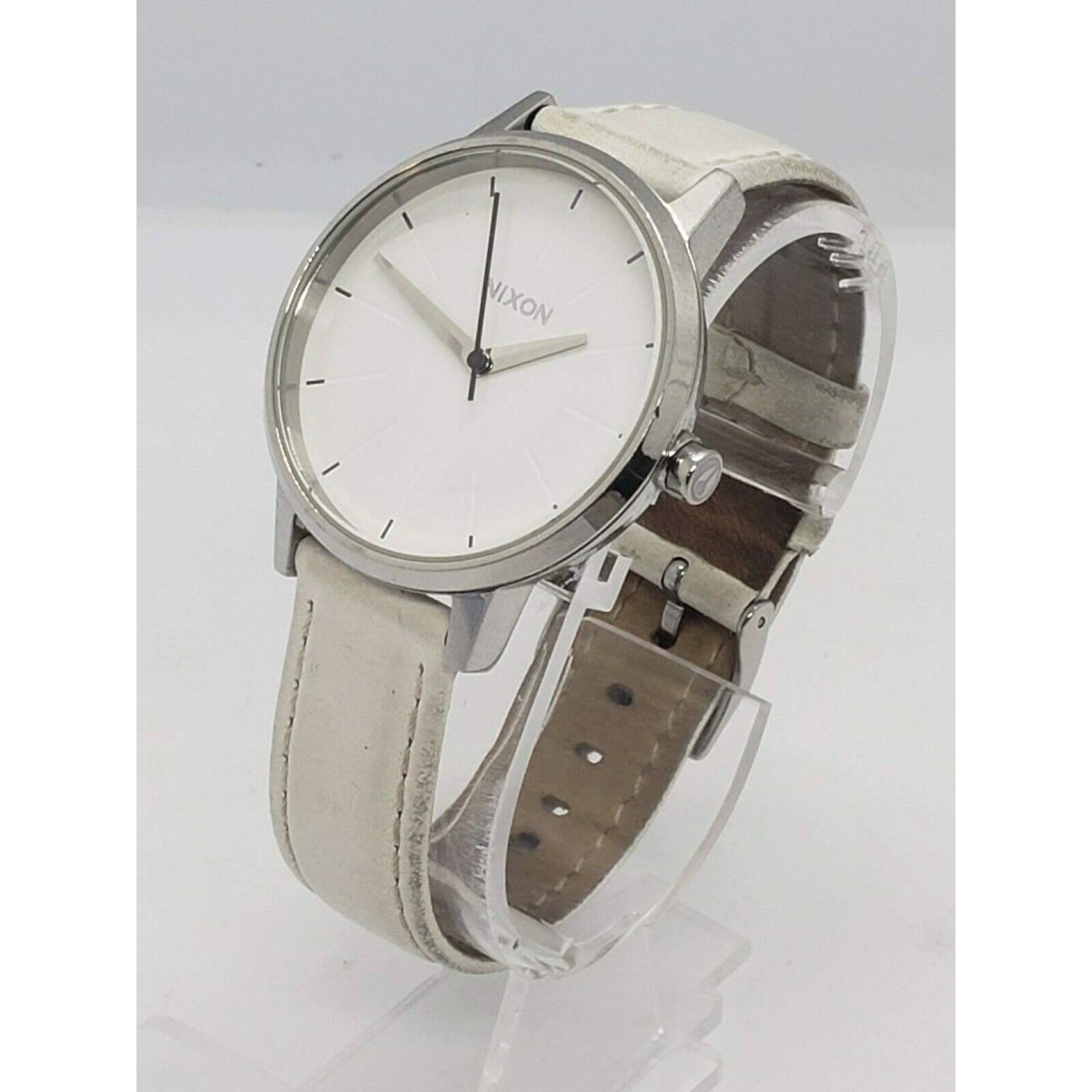 Nixon Moving Out Kengsington Silver Tone Steel Watch with White Leather Band