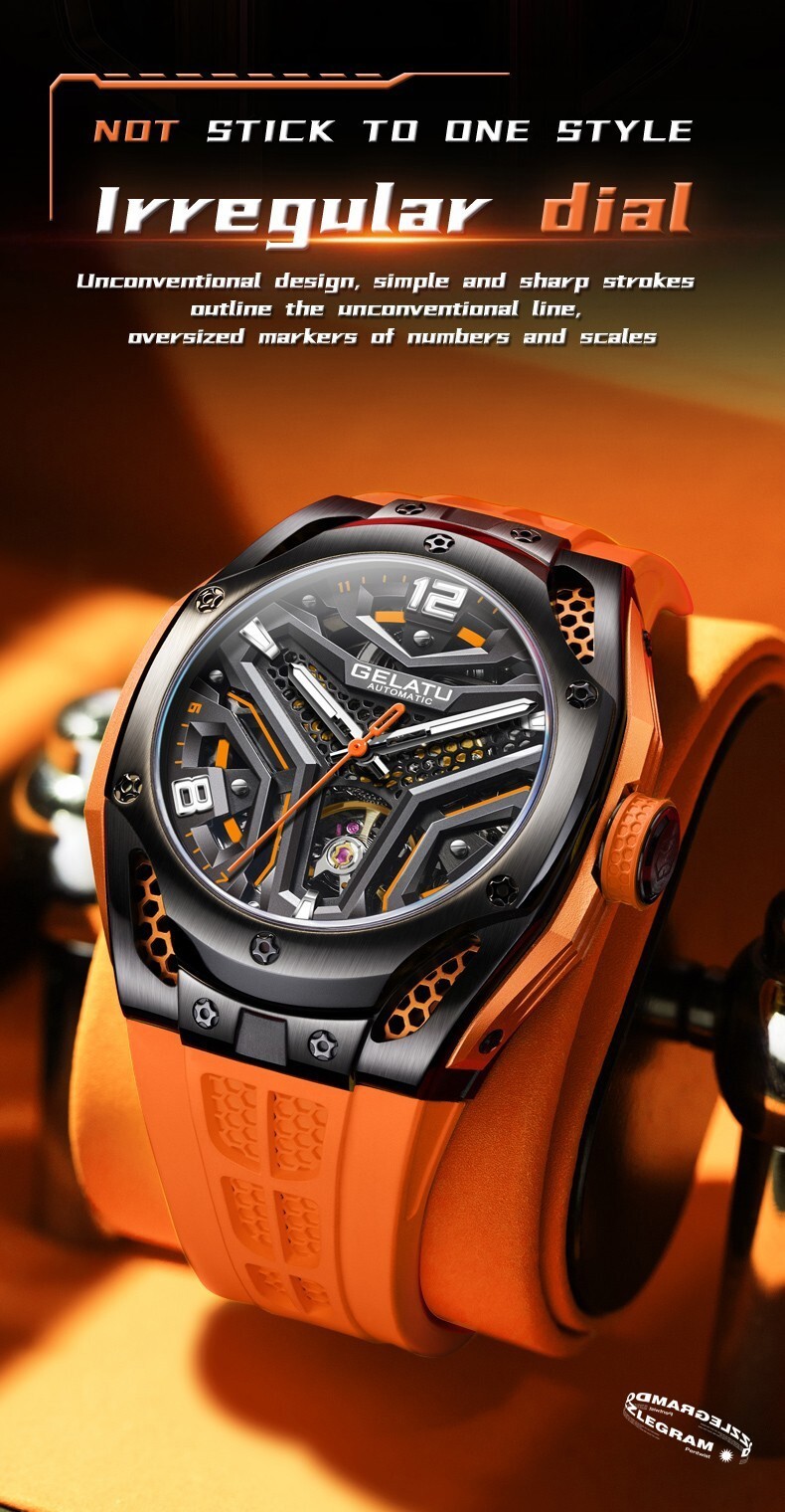 GELATU Men’s Skeleton Sport Automatic Mechanical Watch 5ATM Luminous Wristwatch