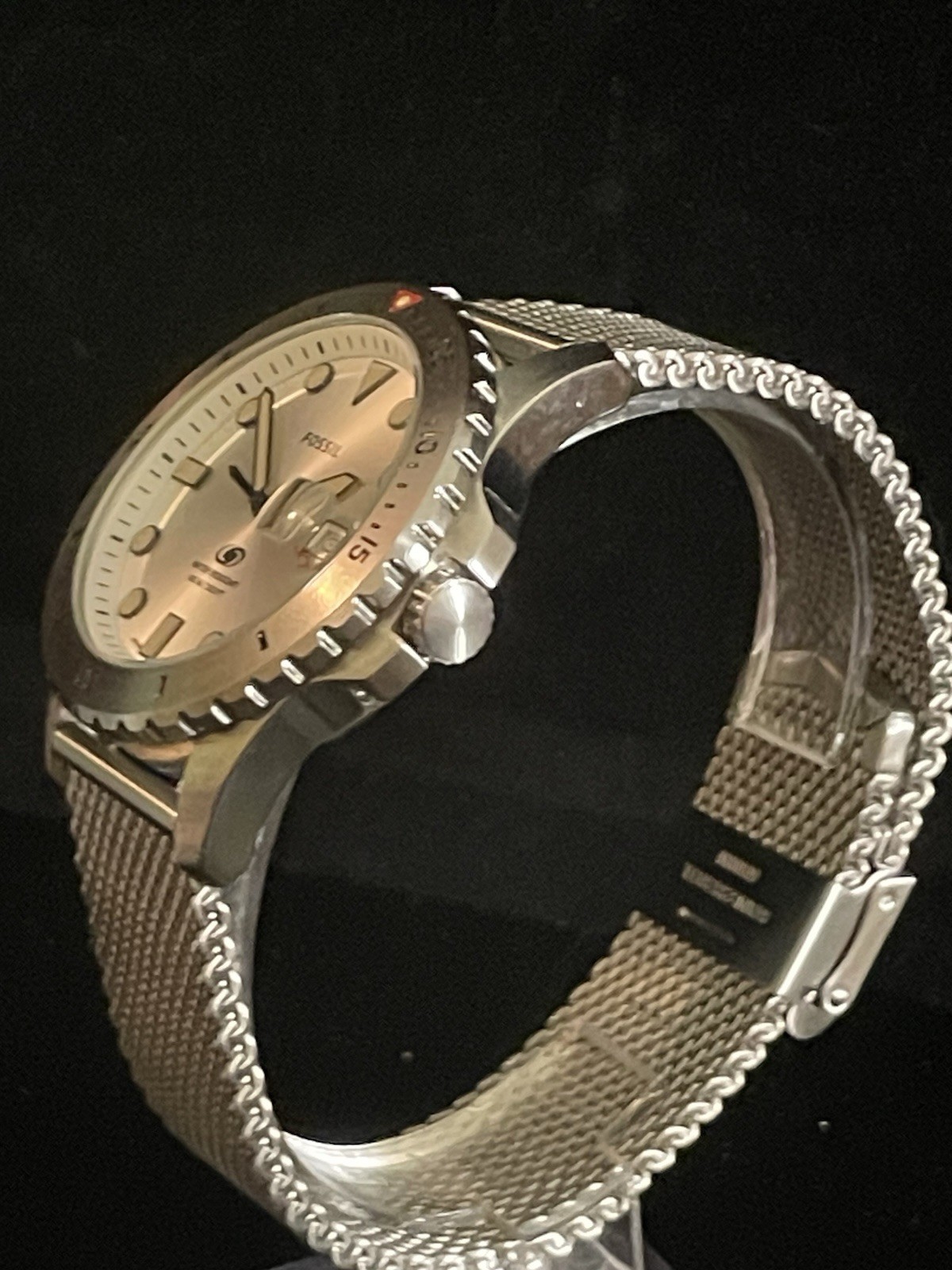 Fossil FS5948 Blue Diver Silver Sunburst Mesh Watch 100M NOS Box Tag Quartz 42mm