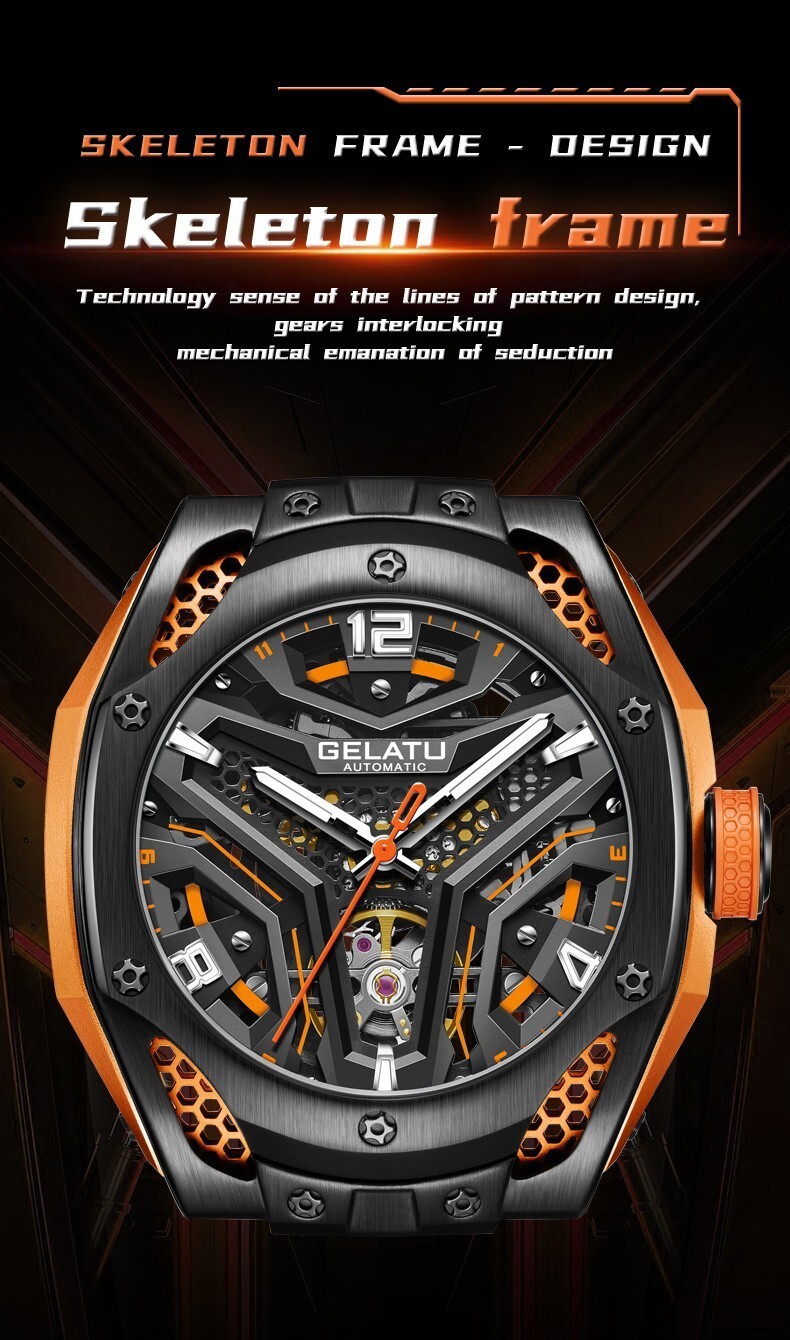 GELATU Men’s Skeleton Sport Automatic Mechanical Watch 5ATM Luminous Wristwatch