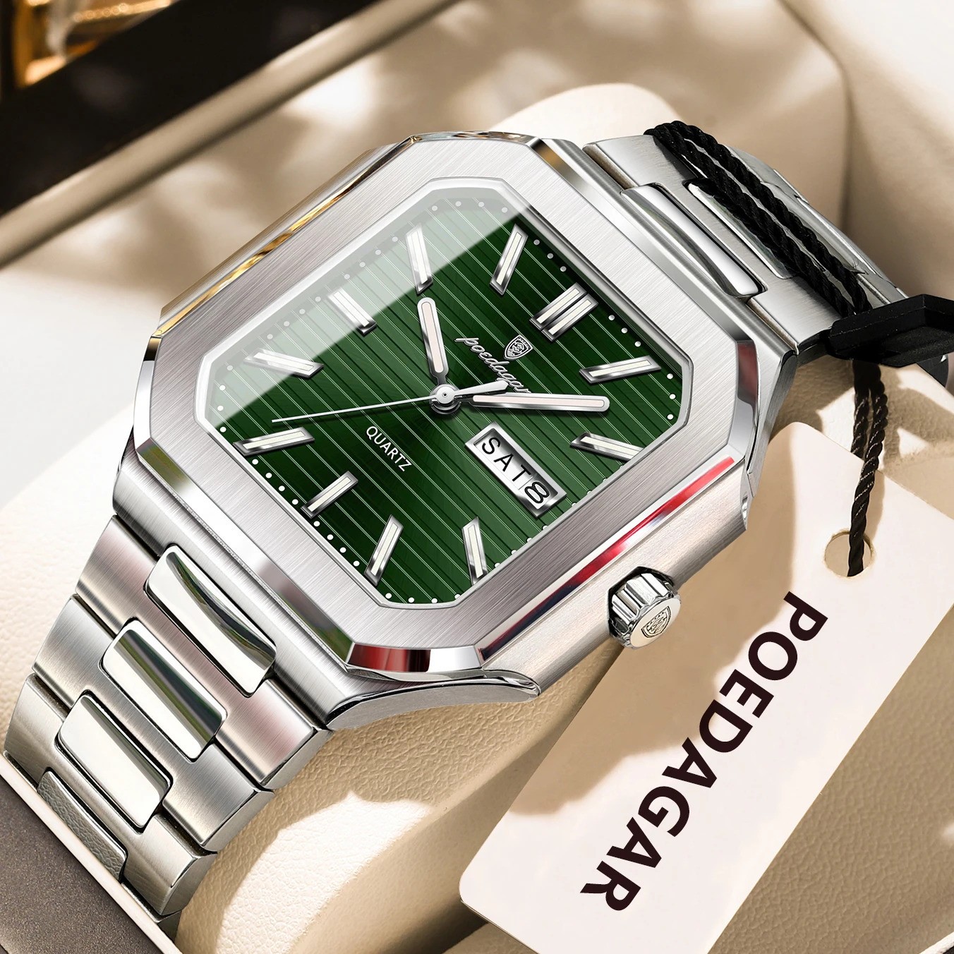 POEDAGAR Men’s Square Quartz Watch Stainless Steel Waterproof Luminous Day Date