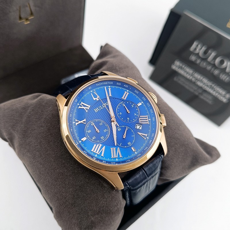 Bulova Wilton Blue Gold 97B170 Quartz & Chronograph Men’s Leather Watch 46.5mm
