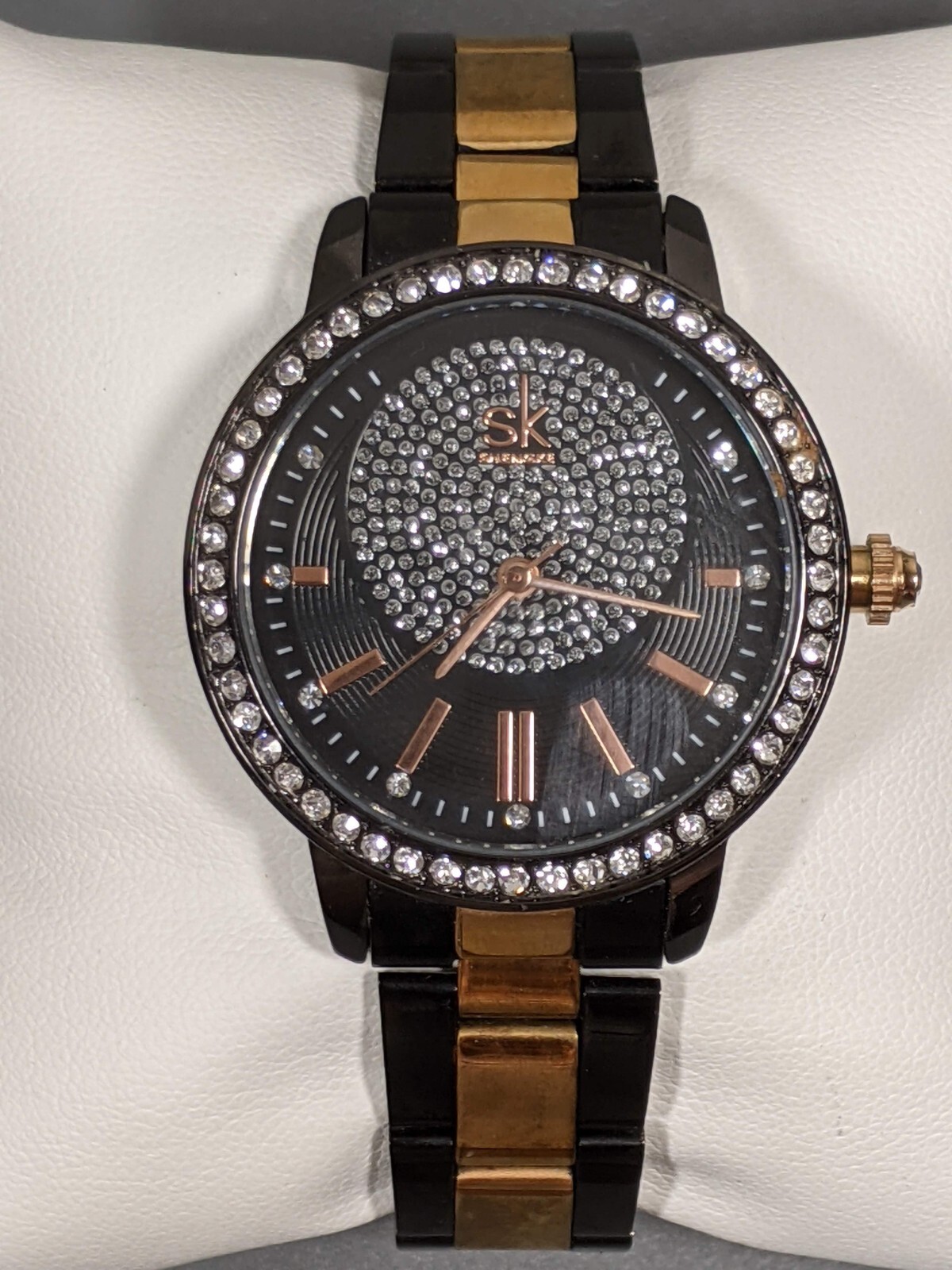 Shengke SK Womans Gunmetal Gray Gold Tone Crystal Accent Watch 6.75 in