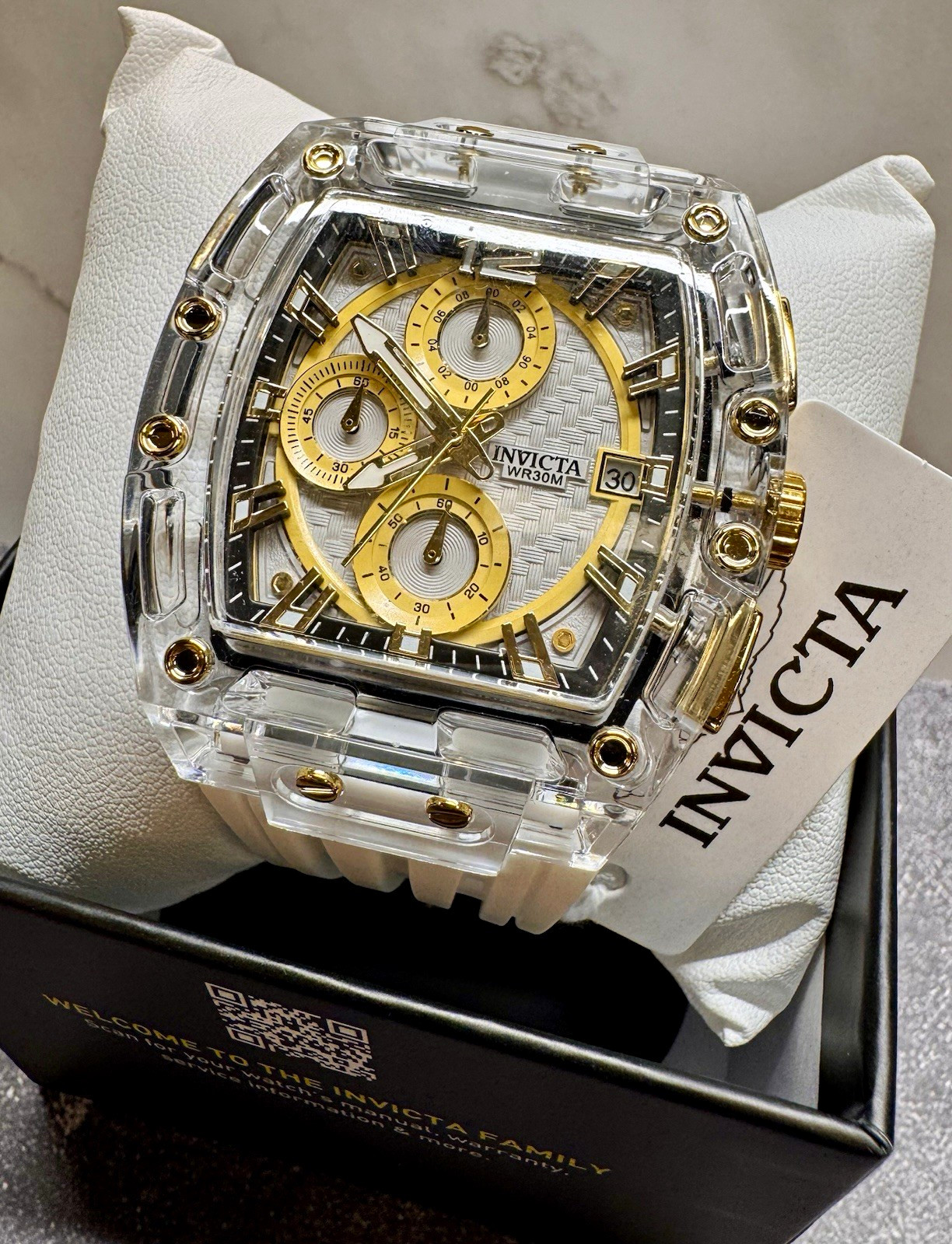 Invicta S1 Rally Allogrip 70147 42mm Clear/Gold Case White Strap Chronograph NIB