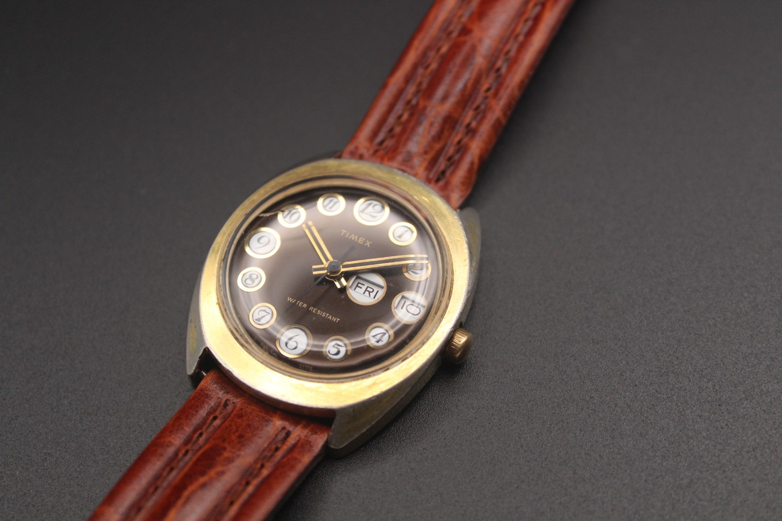 Vintage Timex Manual Wind Day-Date “Telephone Dial” Brown Dial Watch