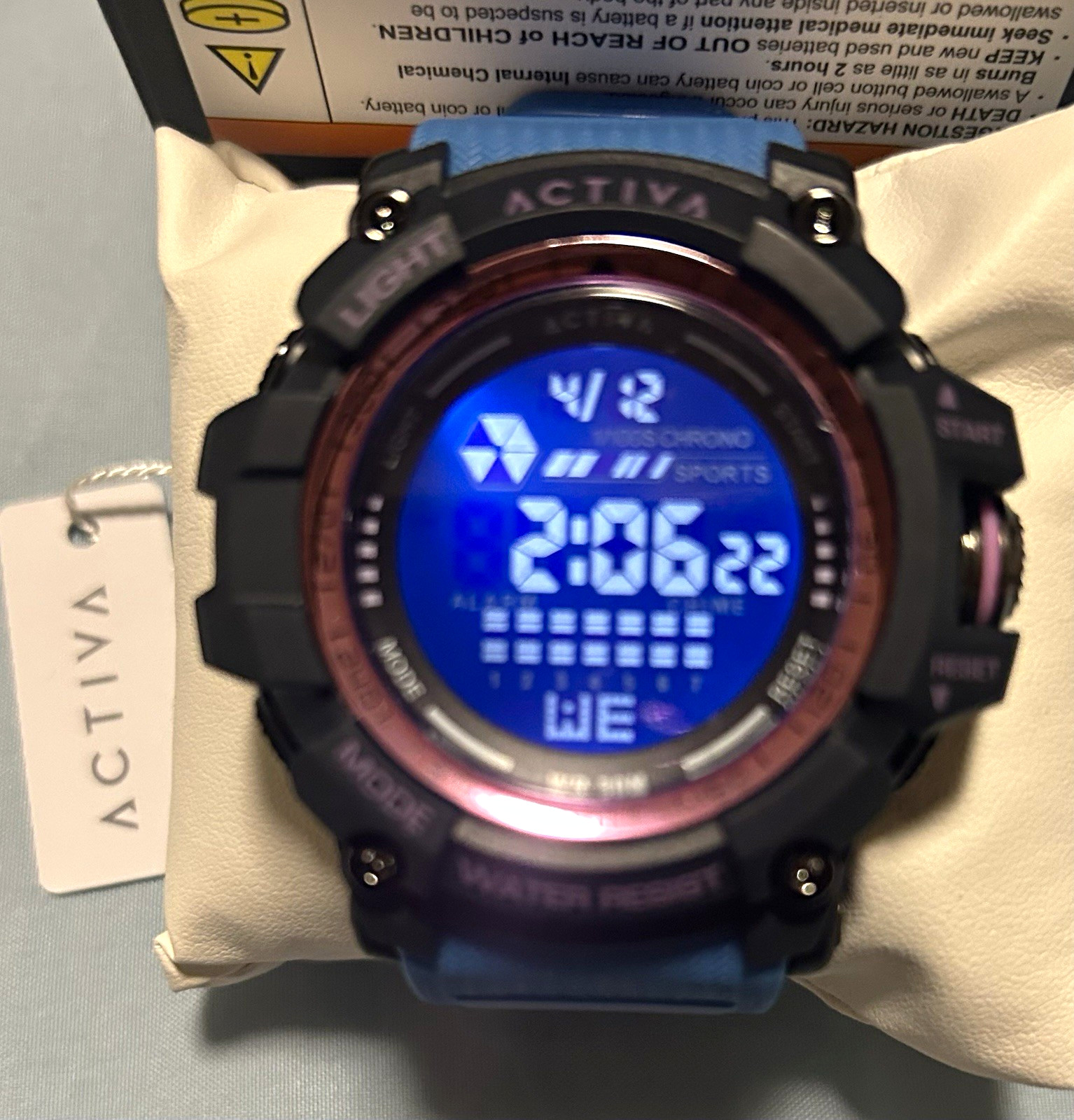 Activa Digital Quartz Sport Watch Blue Resin Strap Alarm Chrono Backlight 30m