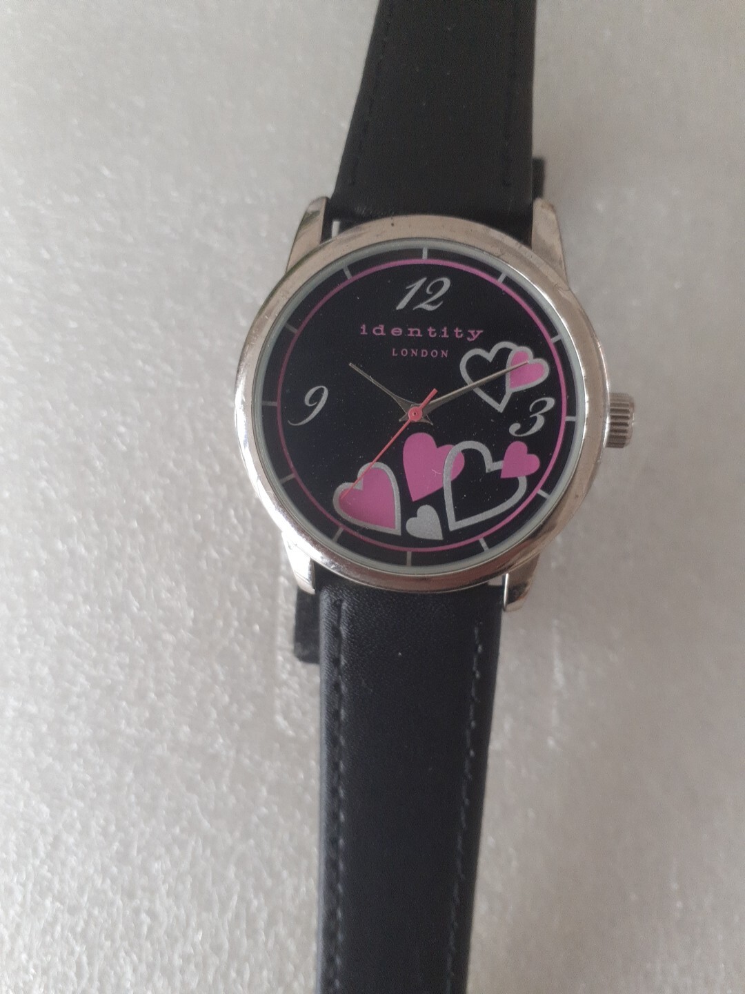 Identity London Ladies Hearts Quartz Watch With A New Black Leather Strap
