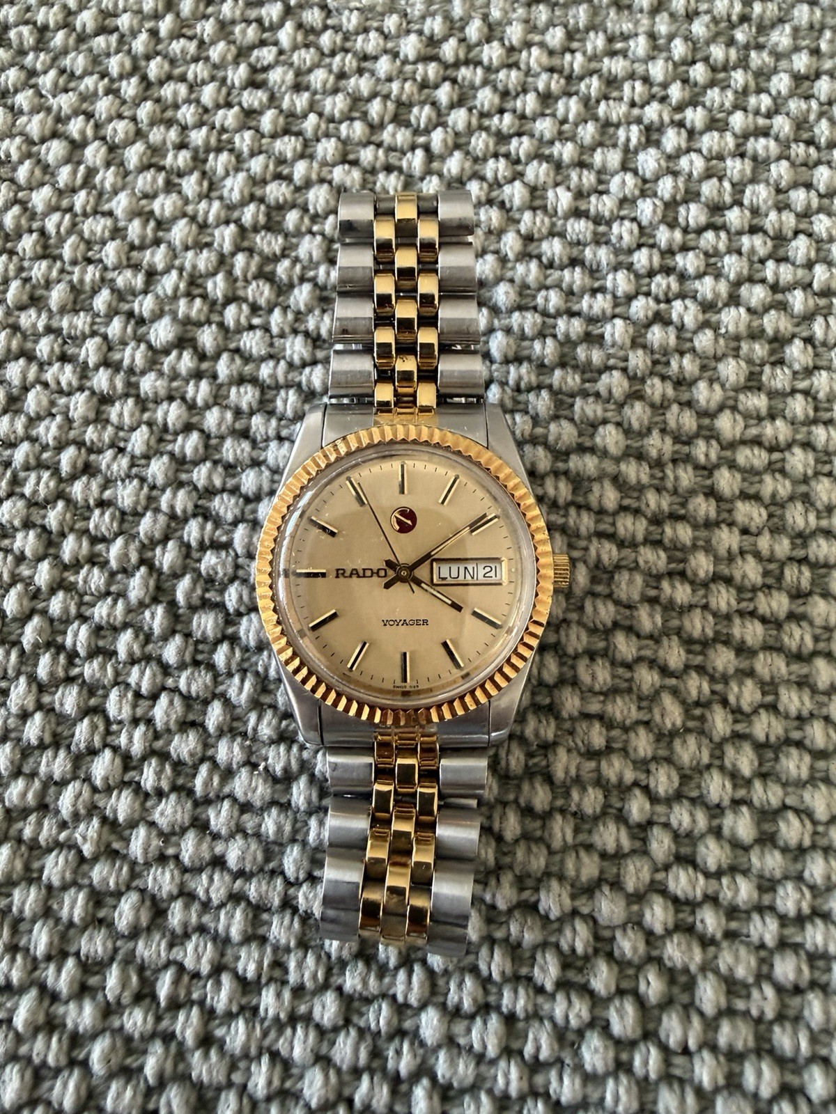 Rado Voyager Automatic Day/Date Gold Dial Fluted Bezel Two-Tone Bracelet