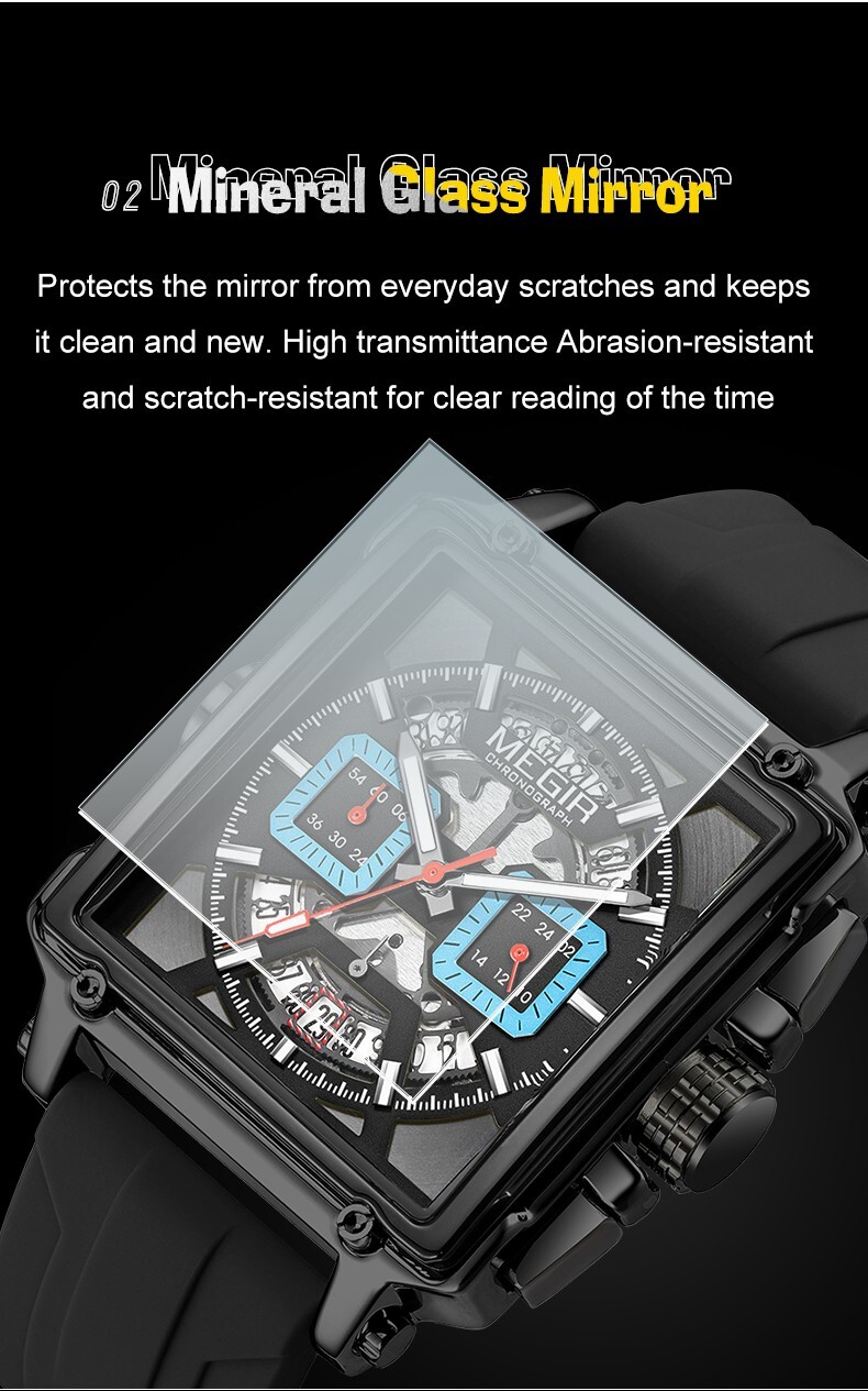 MEGIR Monaco Chronograph Calibre Homage Luminous Auto Date Square Men’s Watch