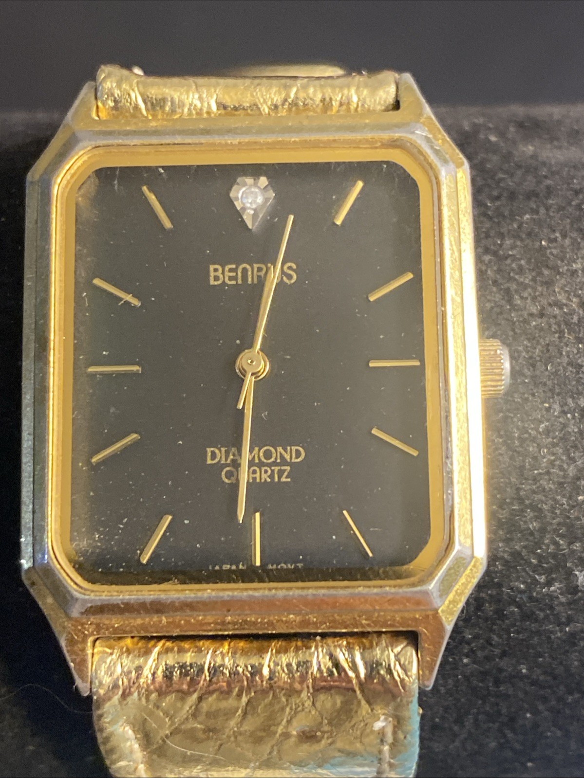 Vtg Benrus Women’s Tank Watch 26mm Gold Tone Diamond Leather Band New Battery