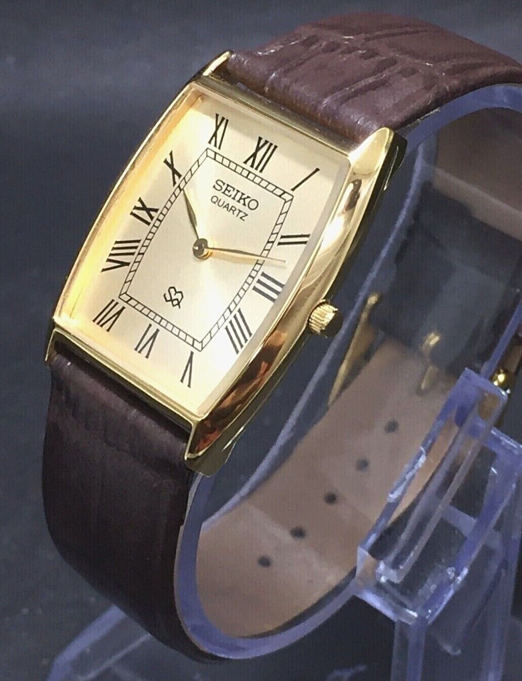 Vintage Seiko Slim Quartz Gold Face Japanese Curve Gold Case 30MM Mens Watch S14