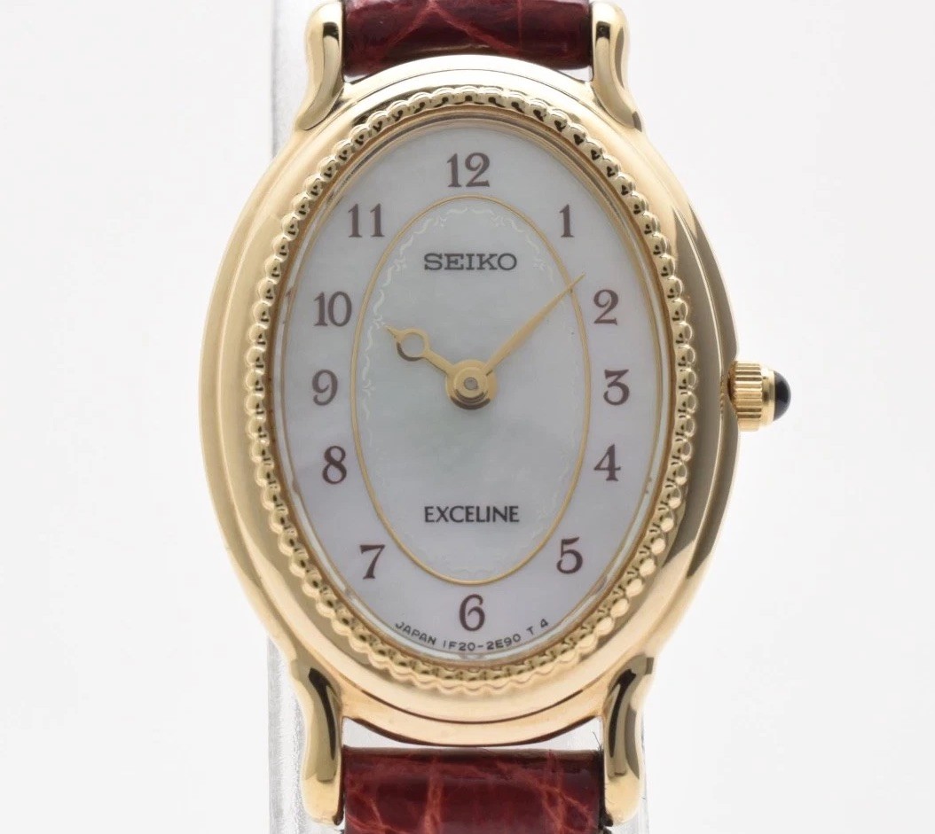 [Mint] SEIKO Exceline 1F20-6A4A Gold MOP Dial Red Leather Quartz Women’s Watch