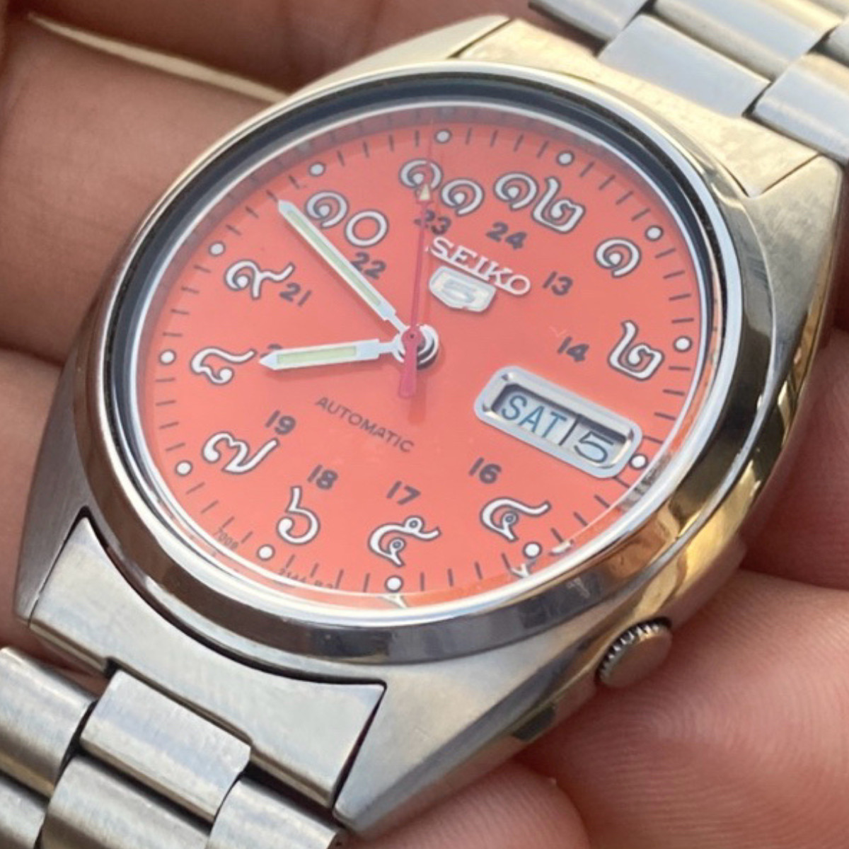 Seiko 5 7009 Automatic Watch Vintage Dial Thai Numbers Orange Face Stainless
