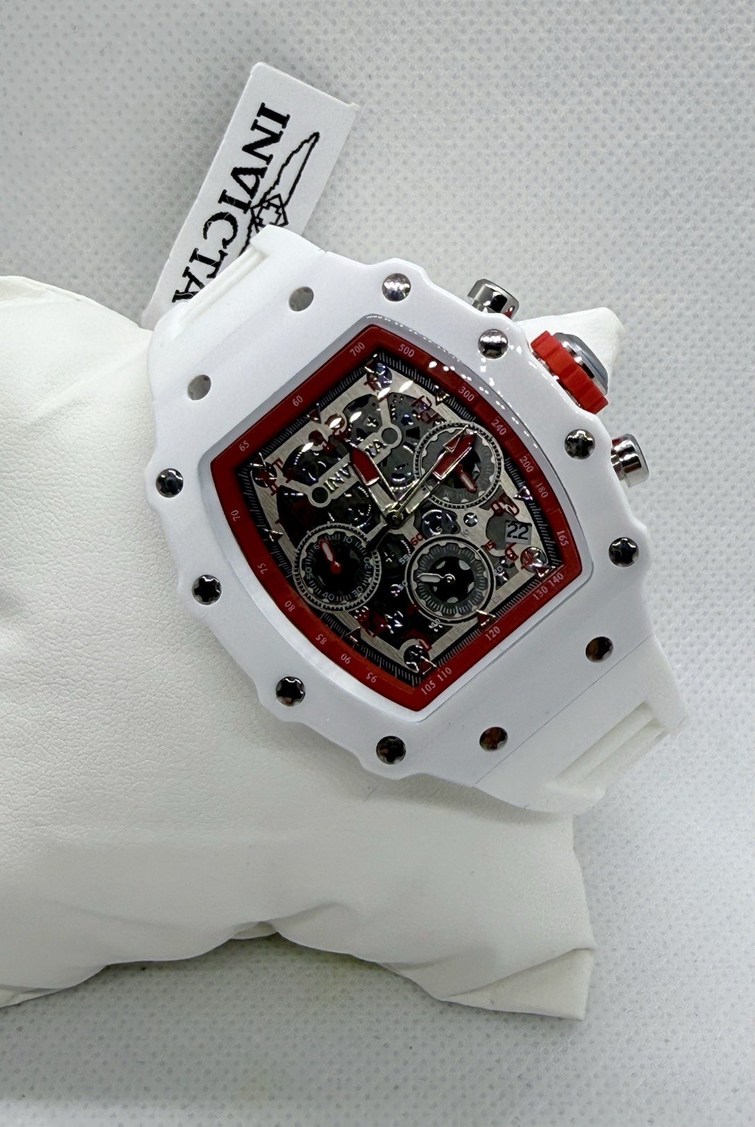 💥Invicta Racing Men’s 44mm Quartz Chronograph Date White Silicone Red Bezel