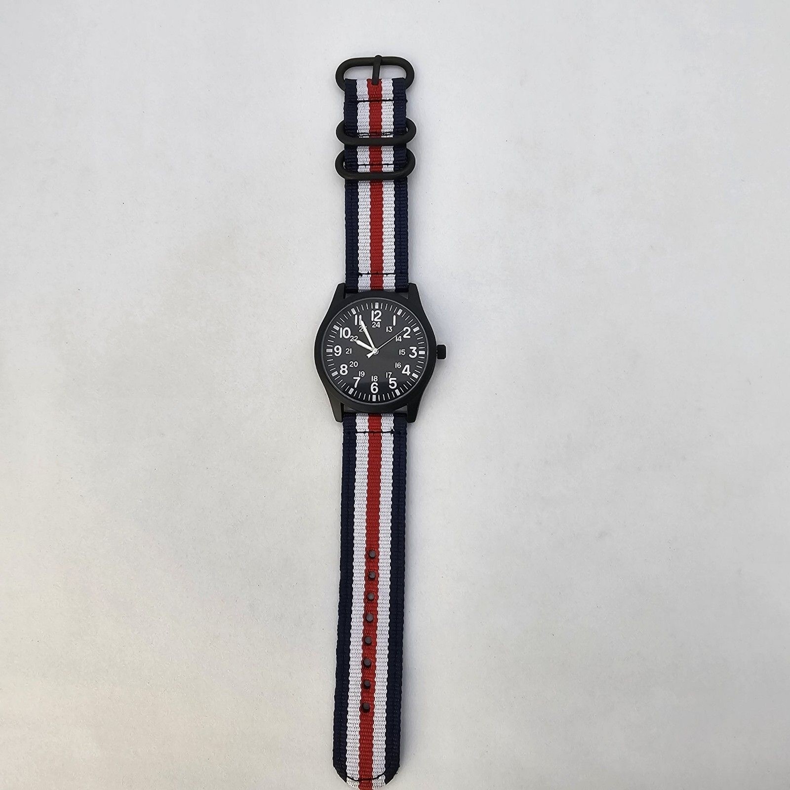Field Men’s Watch 42MM Black Case Dial Blue White Red Canvas Band Straps NewBatt