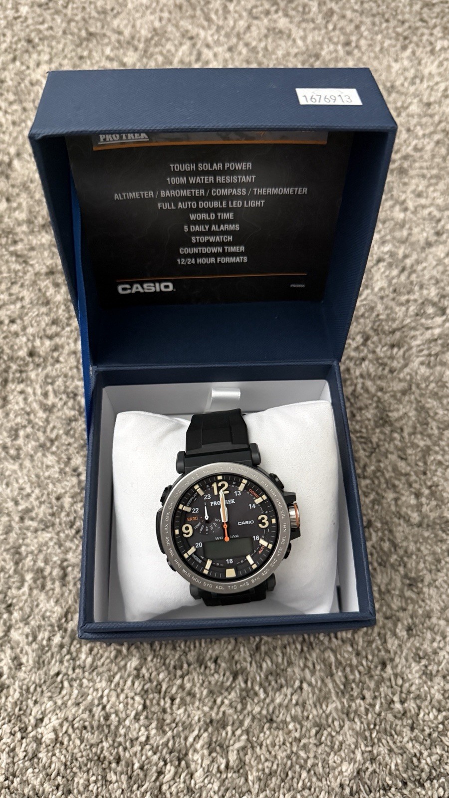 Casio Pro Trek Tough Solar Analog-Digital 100m ABC Watch Black Resin Band Box