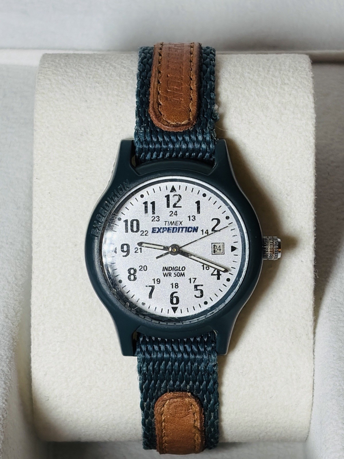 Vintage 1997 Timex Expedition Watch Indiglo | Teal/Brown Nylon/Leather Strap