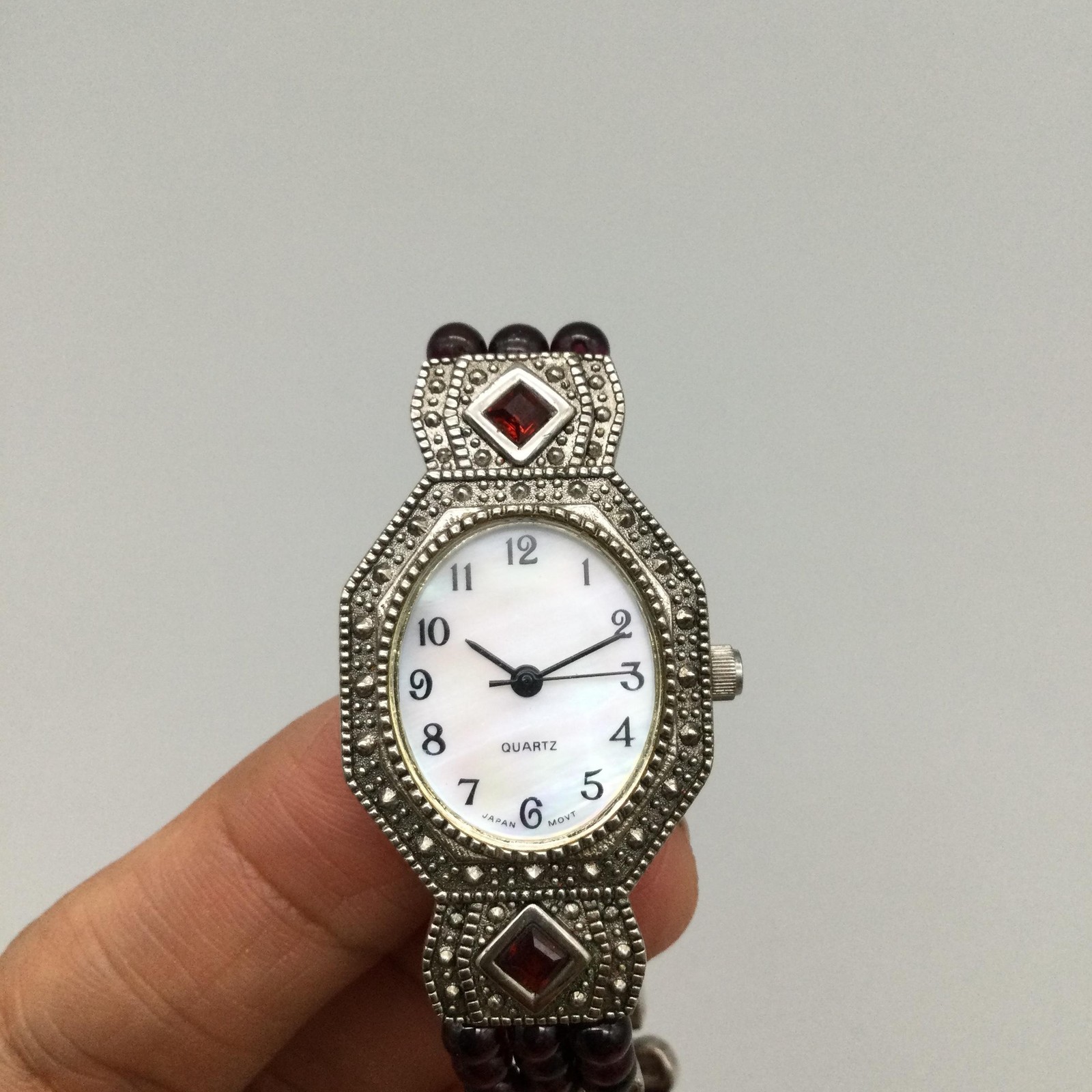 Avon Womens Watch 23mm Marcasite Red Bead Bracelet Silver Tone New Battery 6.5″