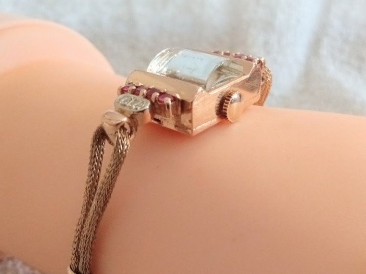 Antique Altair Hamilton 14 KT Rose Gold Ruby Diamond Ladies Wristwatch C 1930’s