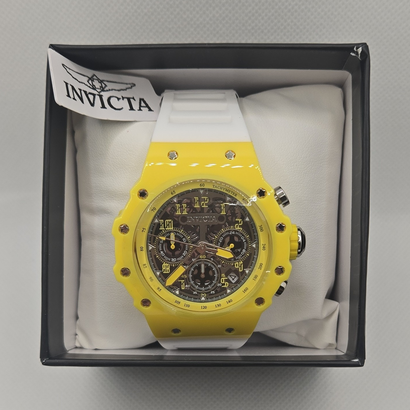 Invicta Quartz Chronograph Sport Watch Yellow Plastic Case White Silicone Strap