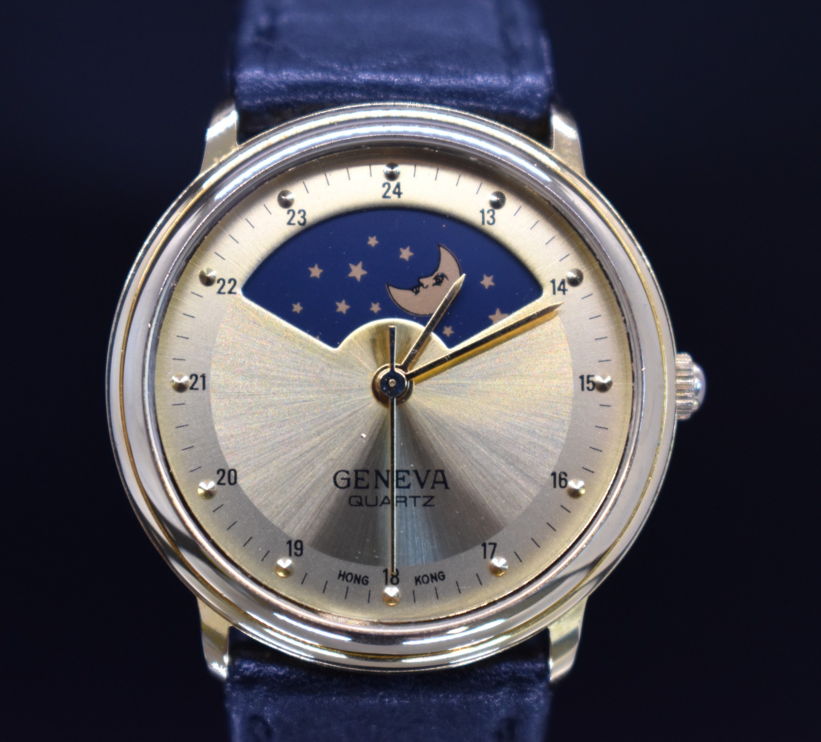 Vtg GENEVA Moon Phase Watch Gold Tone Dress Elegant NEW BATTERY & BAND