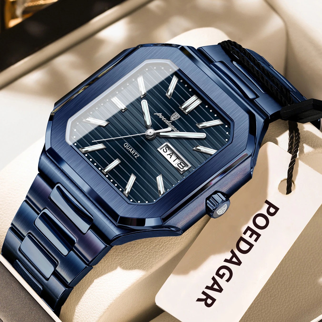 POEDAGAR Men’s Square Quartz Watch Stainless Steel Waterproof Luminous Day Date