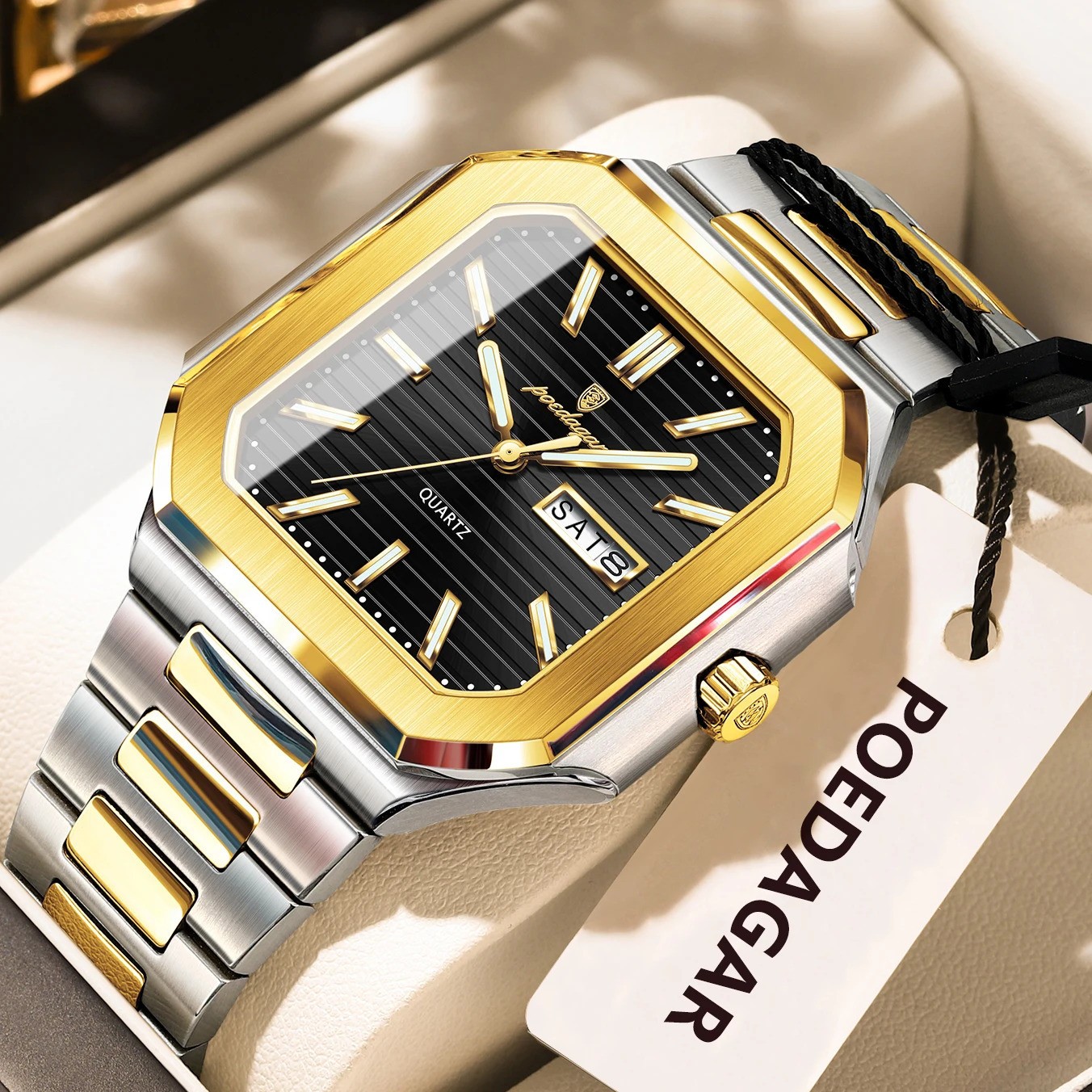 POEDAGAR Men’s Square Quartz Watch Stainless Steel Waterproof Luminous Day Date