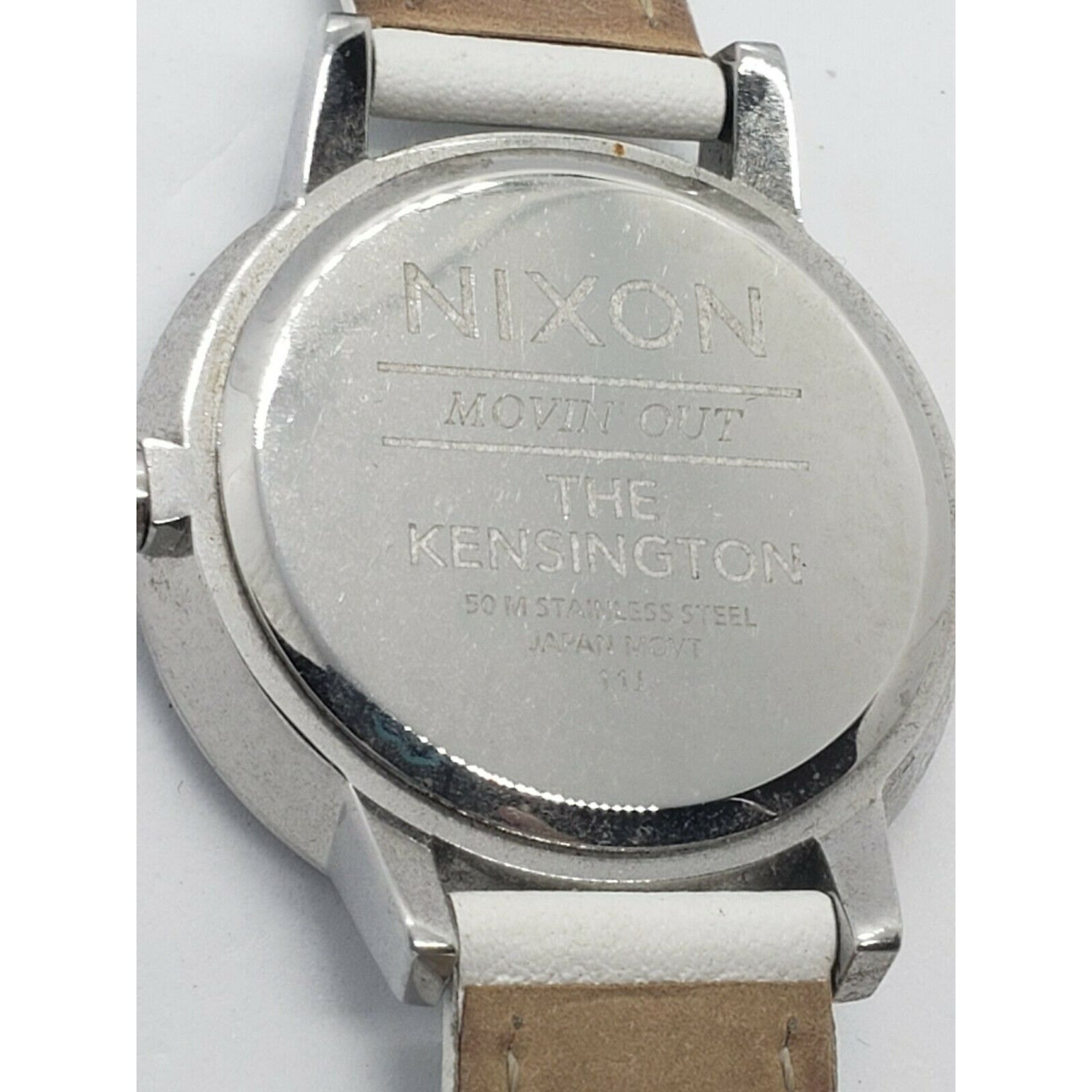 Nixon Moving Out Kengsington Silver Tone Steel Watch with White Leather Band