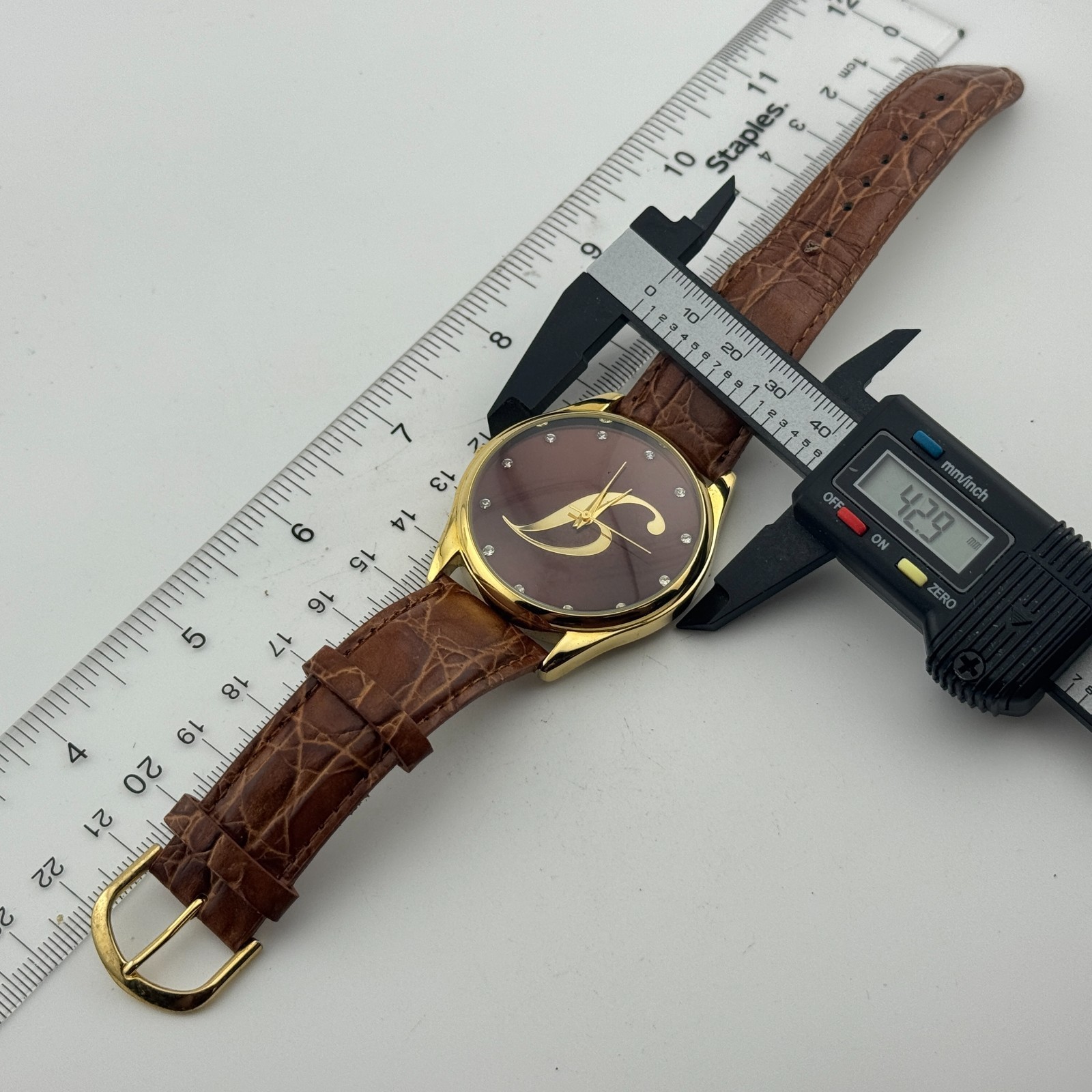 Unknown Logo Quartz Watch Men Gold Tone Brown Leather Japan Analog New Battery