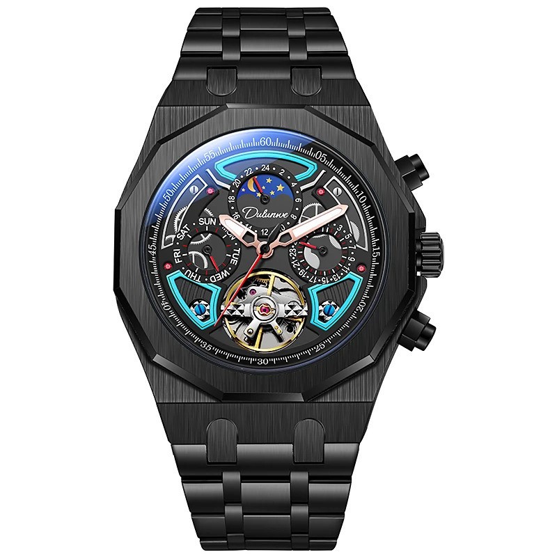 Men’s Tourbillon Mechanical Skeleton Watch Moon Phase Date Waterproof Automatic