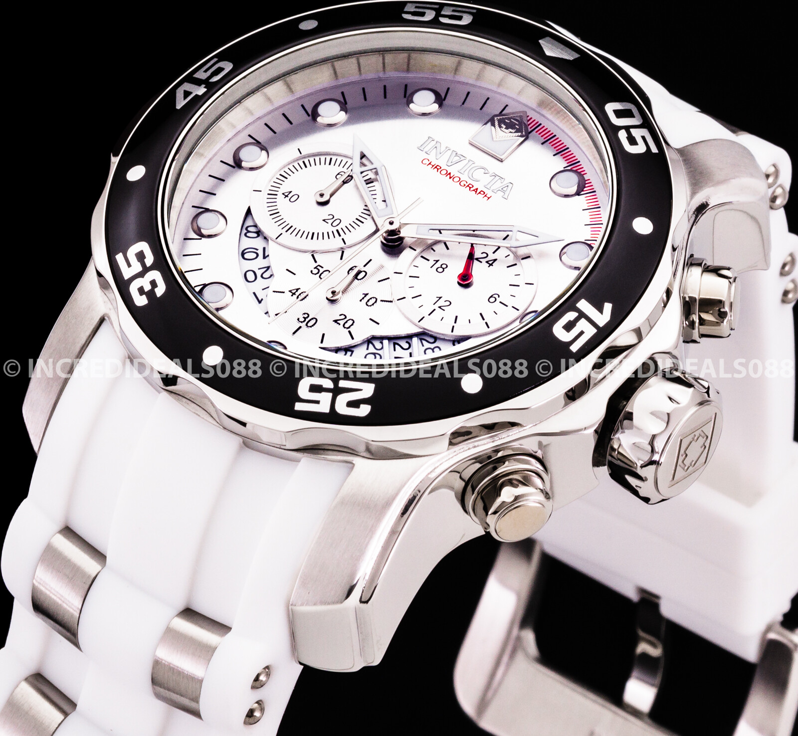 Invicta Mens PRO DIVER SCUBA Chronograph Black Silver Dial White Strap Watch