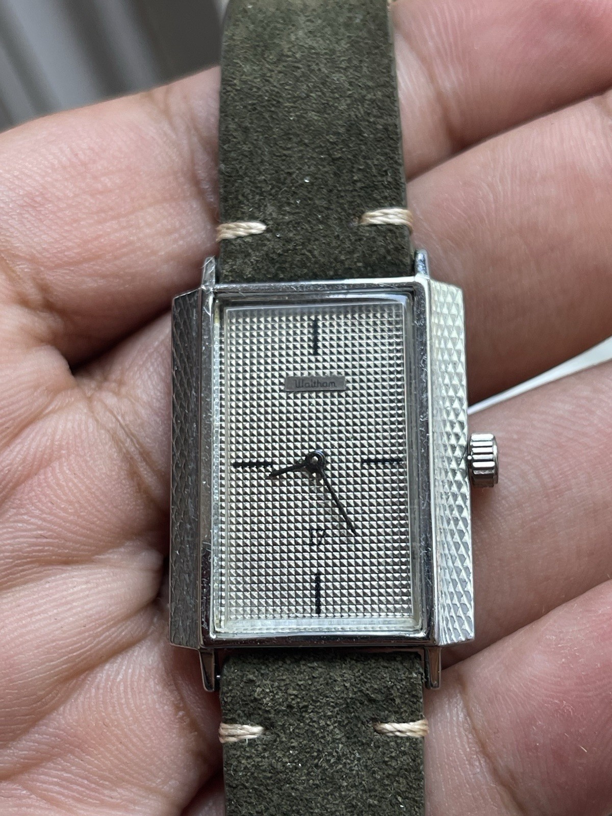 Waltham Manual Wind Mechanical Watch Hobnail Silver Dial Textured Case Running