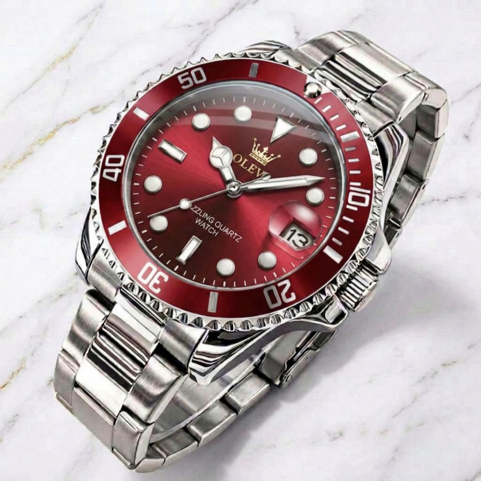 Men’s Waterproof Diver Quartz Silver Bracelet Watch Dark Red Dial Bezel Olevs