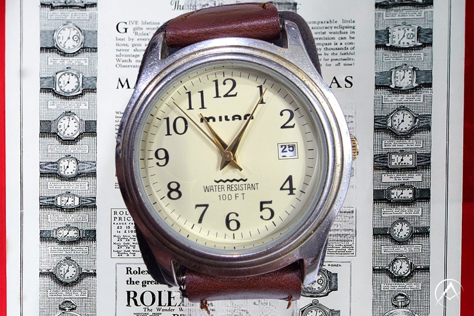 MILAN VINTAGE 37MM QZ WATCH, W. R., LEATHER /CANVAS BAND, NEW 🔋