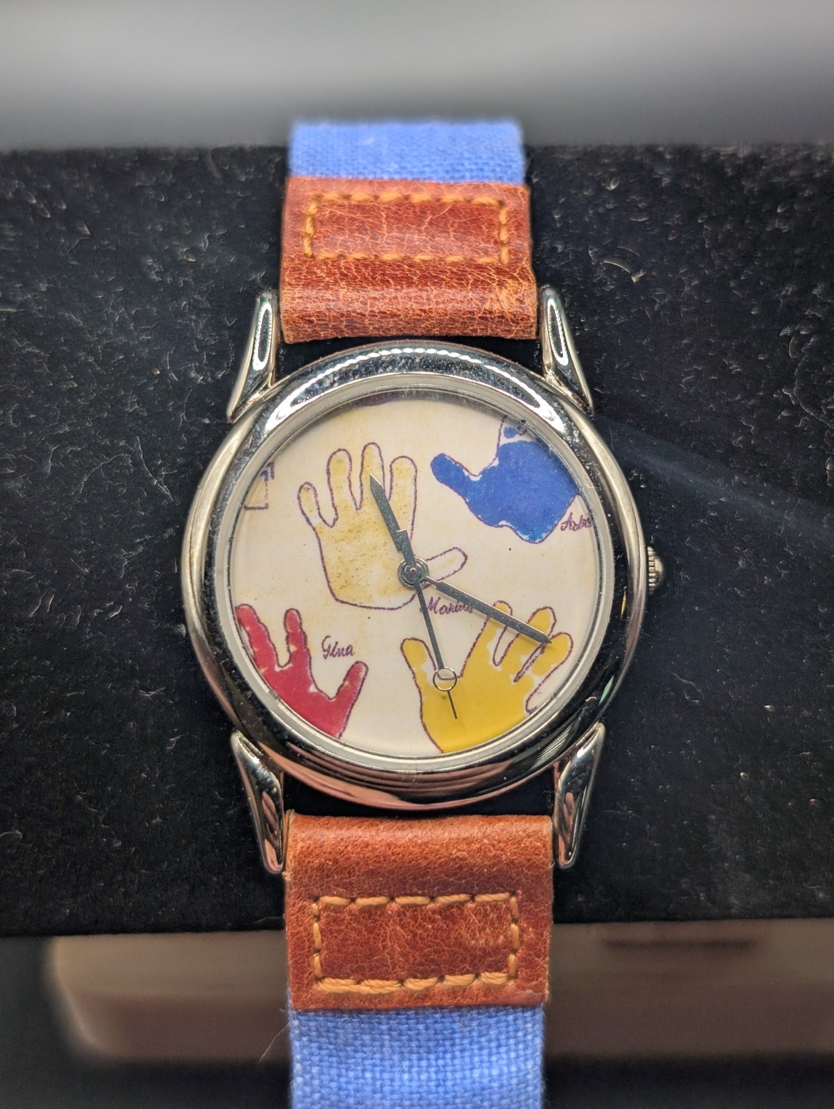 Classico Quartz Watch Colorful Hand Print Art Dial Blue Canvas Leather