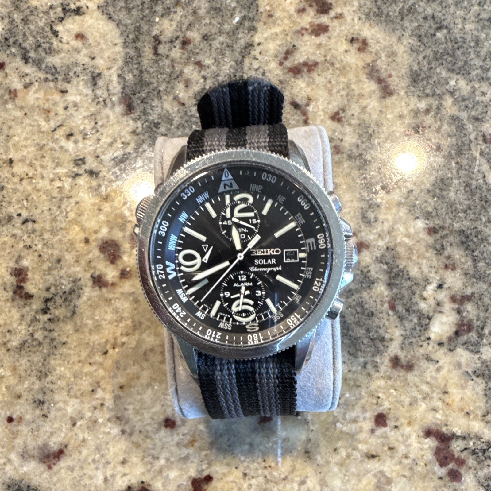 Seiko Solar Chronograph Alarm Quartz Sport Watch Black Dial Nylon NATO Strap