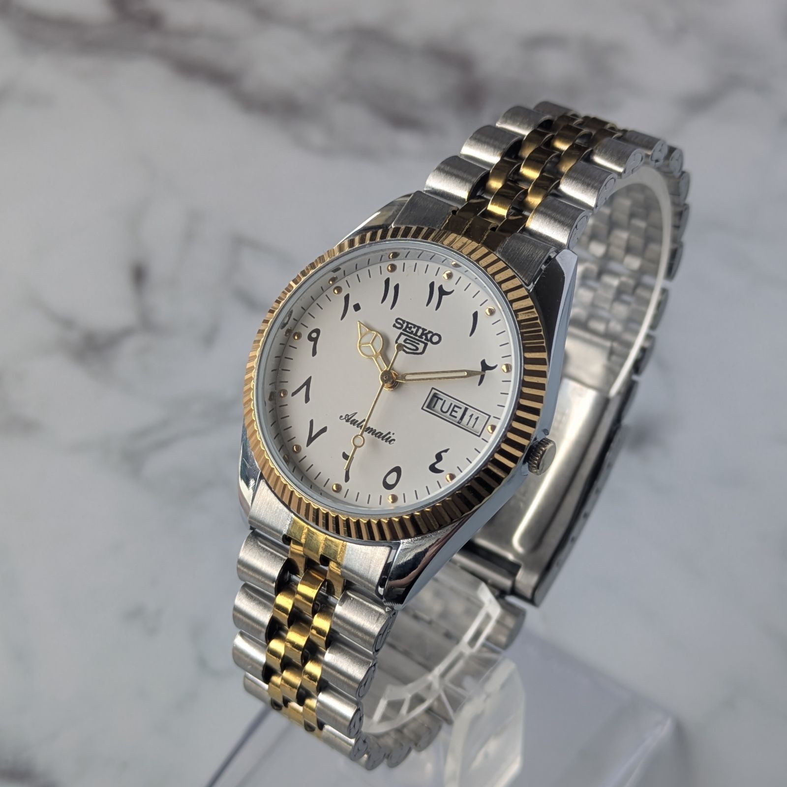 SEIKO 1980-1989 5 Automatic White Dial Gold Bezel Watch Wrist 19cm From Japan