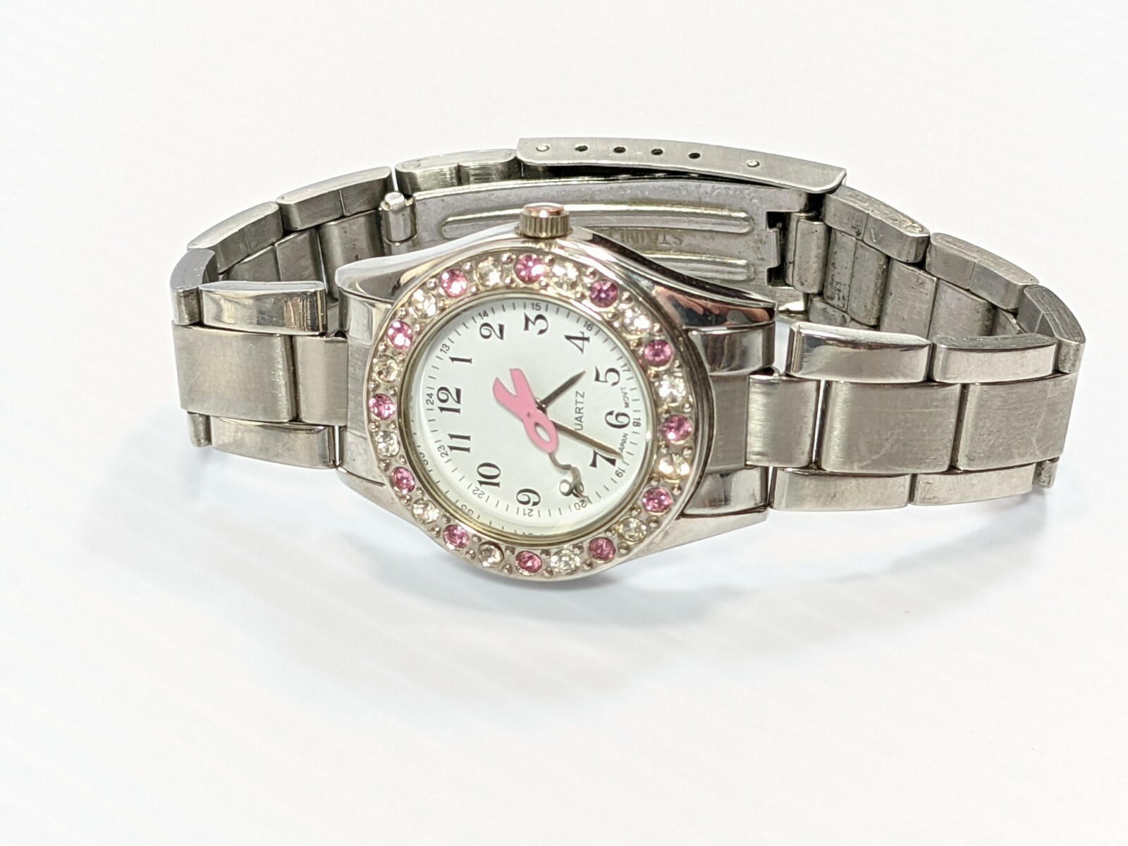 Scrub Stuff Silver Tone Pink Crystal Ribbon Awareness Women’s Watch 6 Inch