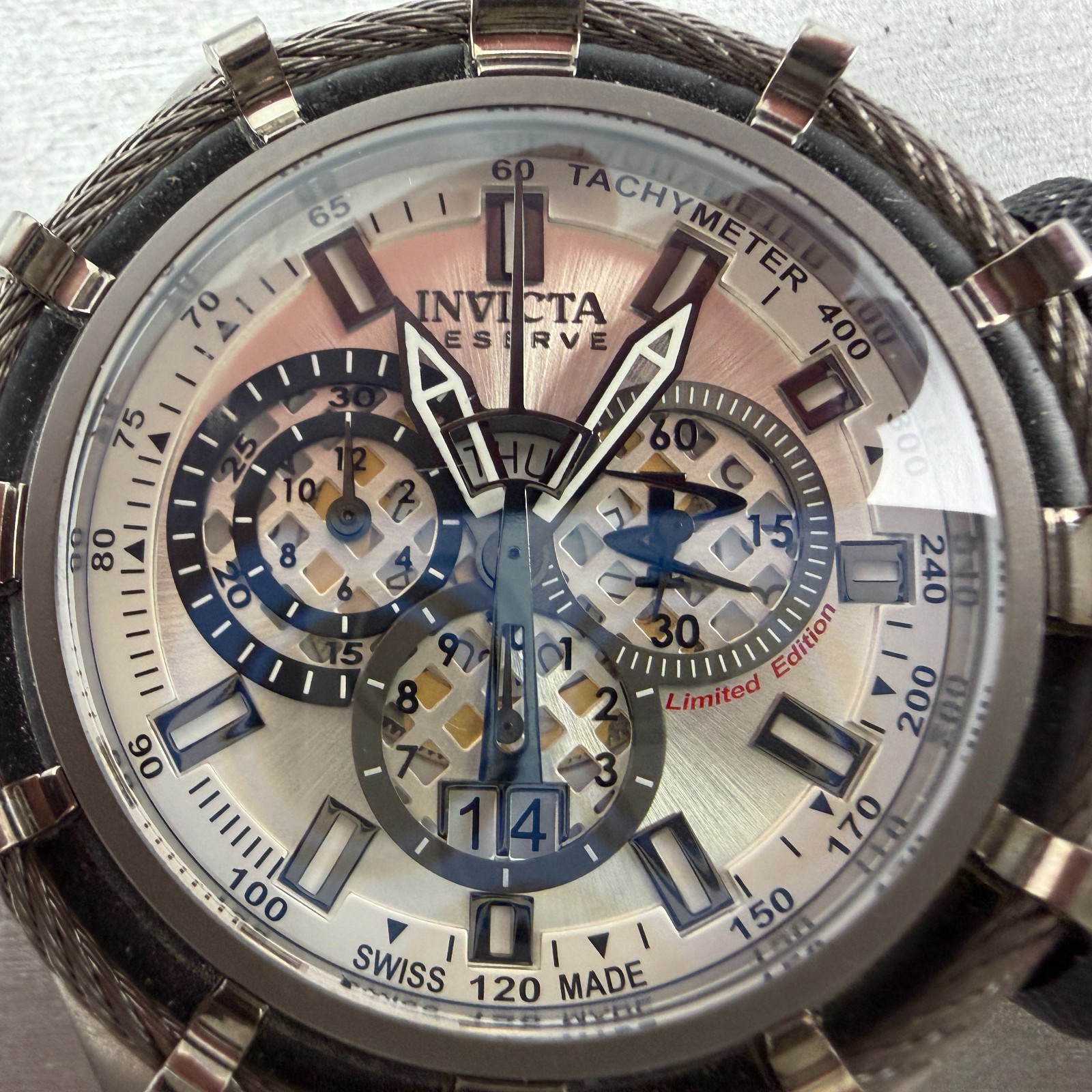 Invicta Reserve Bolt Chrono Watch Men 50mm Silver Dial Gray Daydate 0197 NewBatt