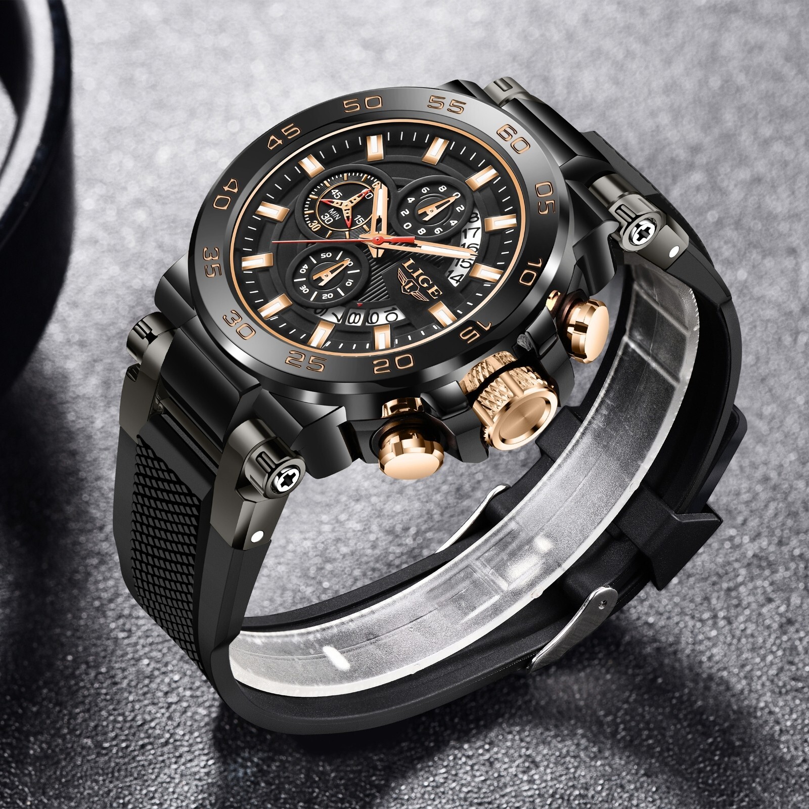 LIGE Men Watch Quartz Chronograph Date 50M Waterproof Sport Diver Man Wristwatch