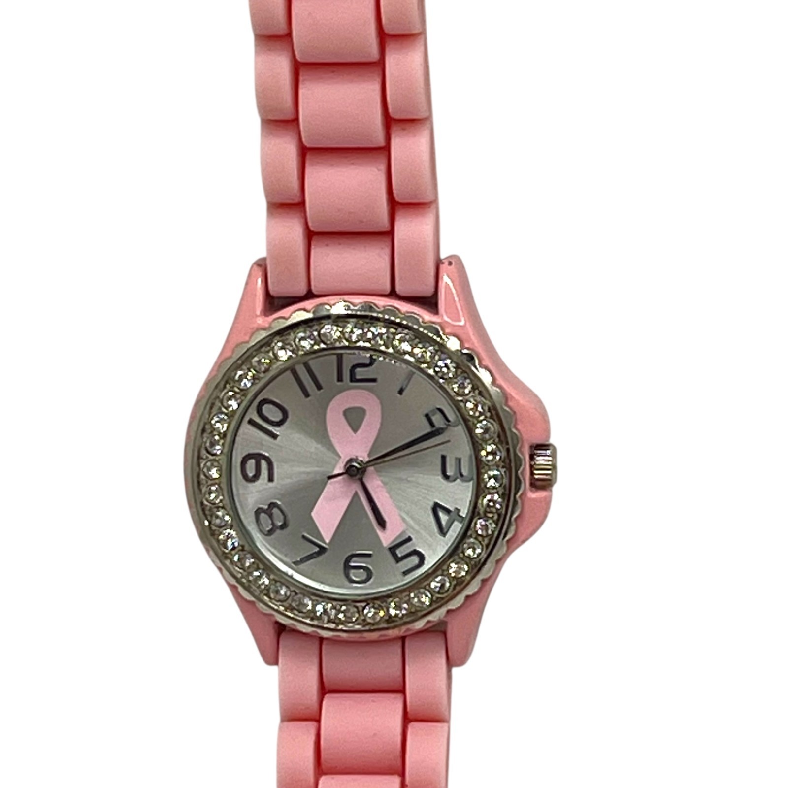 Geneva Breast Cancer Awareness Pink Ribbon Silver-Tone Rhinestone Analog Watch