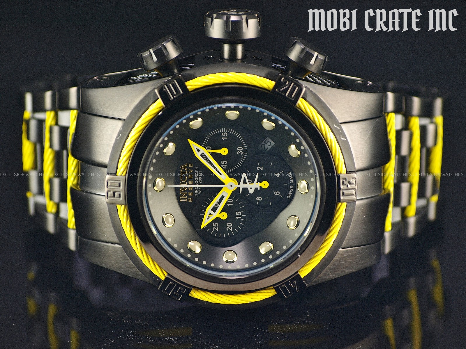 Rare Invicta 53mm RESERVE BOLT ZEUS Swiss Made Chrono Black Yellow SS Watch