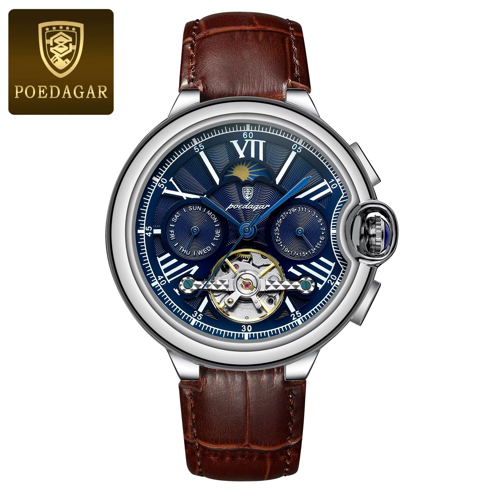 47MM POEDAGAR Automatic Men’s Watch Moon Phase Leather 30M Waterproof Gift NEW